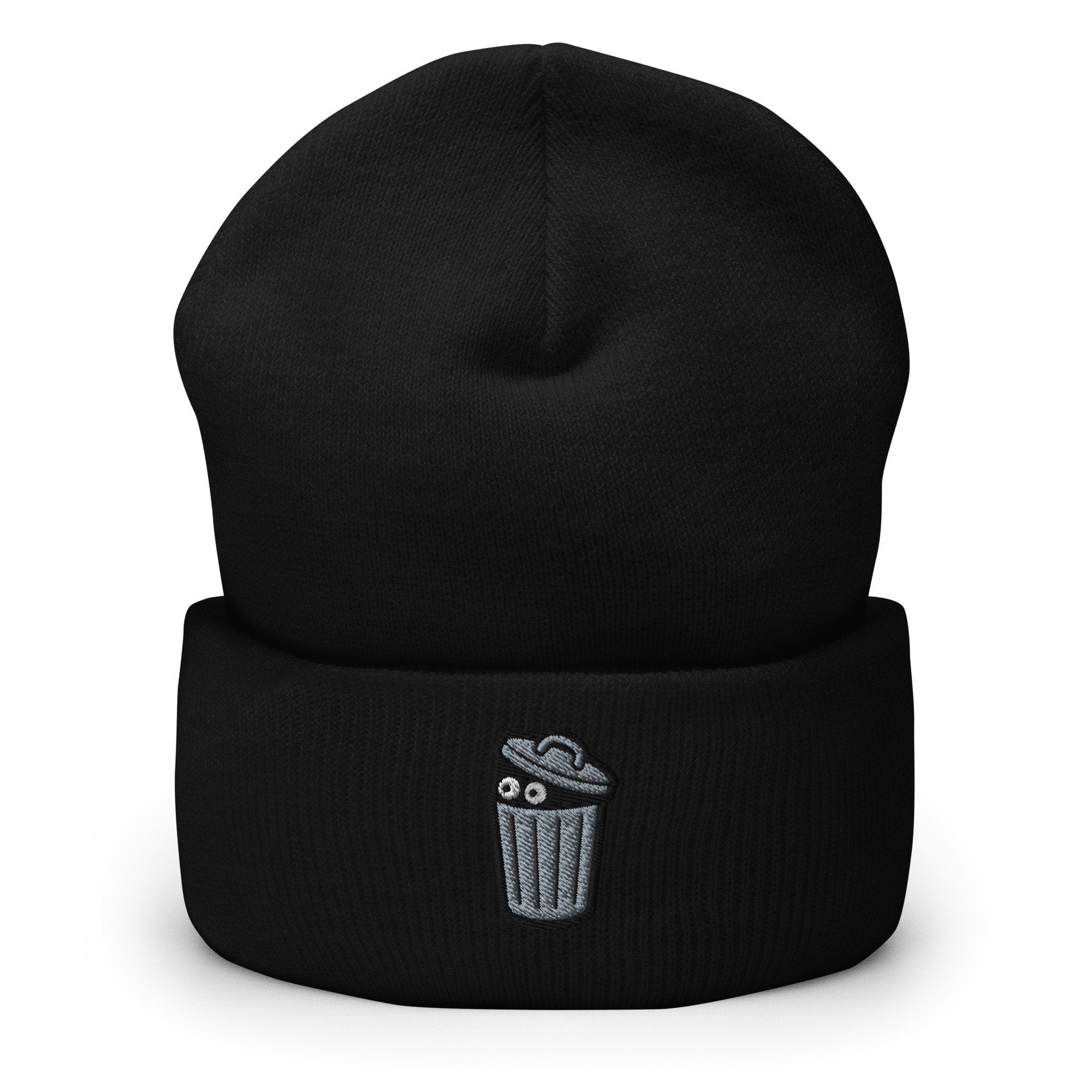 Trash Can Monster Embroidered Beanie, Handmade Cuffed Knit Unisex Slouchy Adult Winter Hat Cap Gift