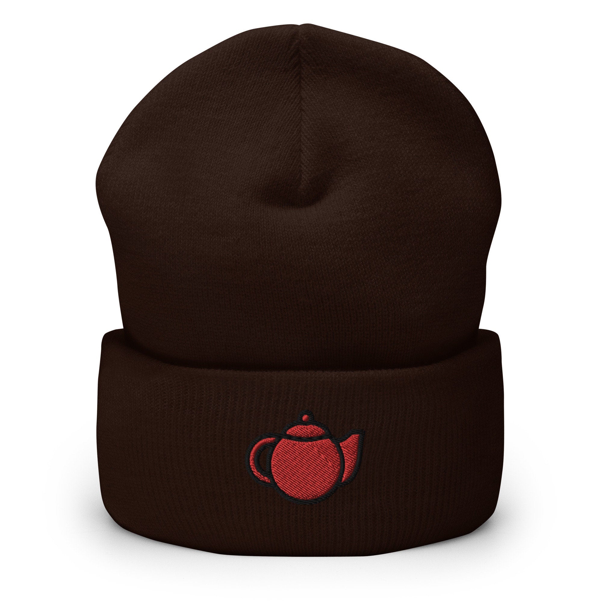 Teapot Embroidered Beanie, Handmade Cuffed Knit Unisex Slouchy Adult Winter Hat Cap Gift