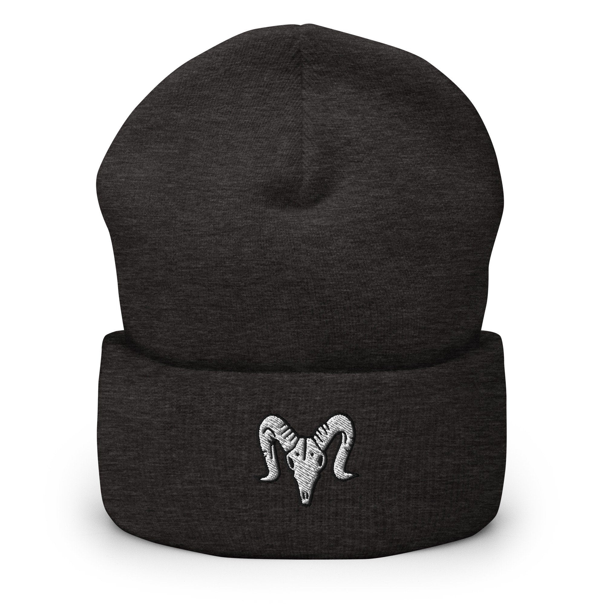 Sheep Goat Skull Embroidered Beanie, Handmade Cuffed Knit Unisex Slouchy Adult Winter Hat Cap Gift