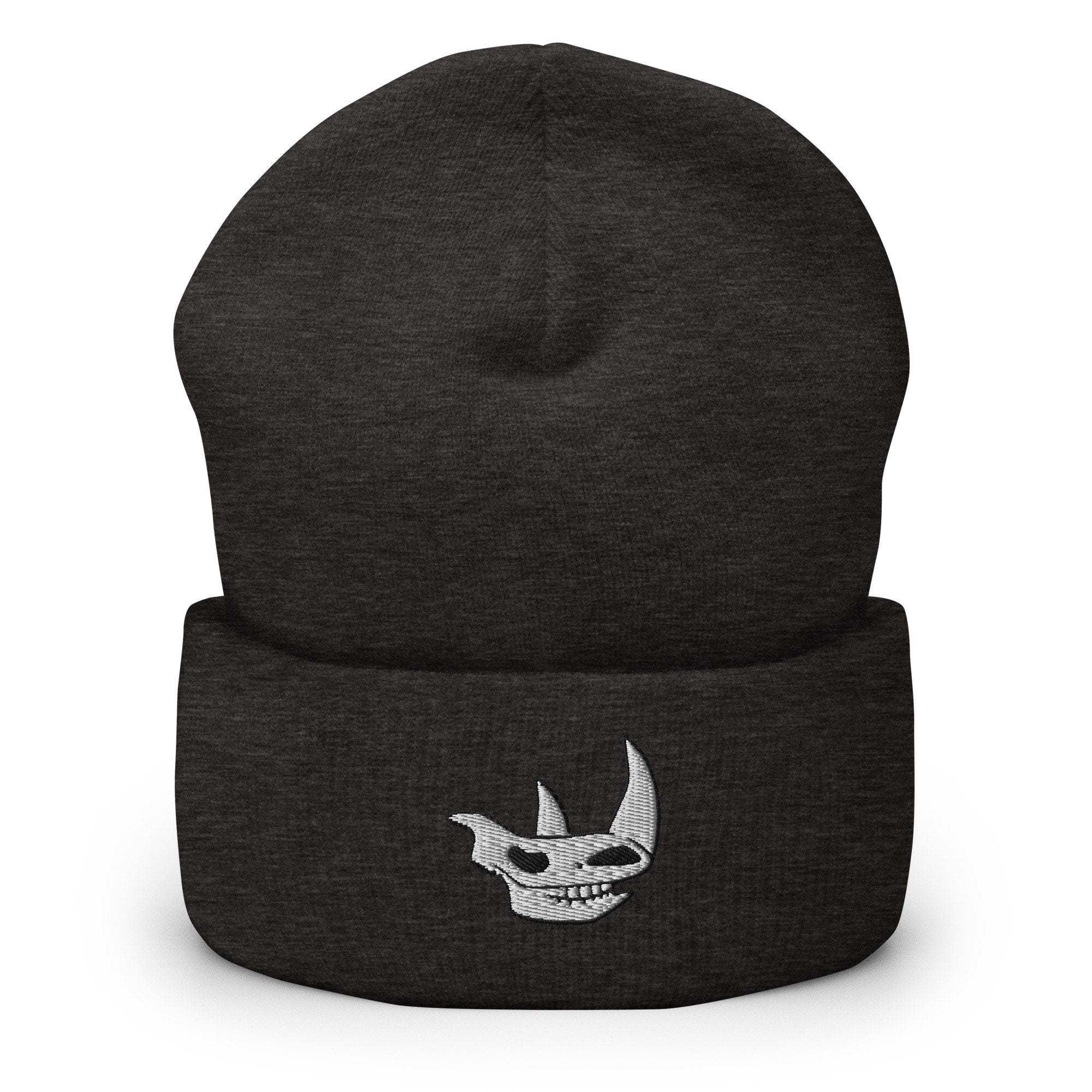 Rhinoceros Skull Embroidered Beanie, Handmade Cuffed Knit Unisex Slouchy Adult Winter Hat Cap Gift