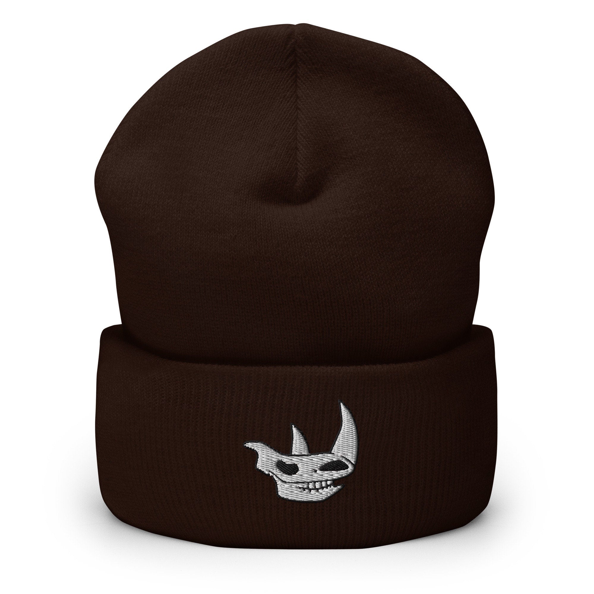 Rhinoceros Skull Embroidered Beanie, Handmade Cuffed Knit Unisex Slouchy Adult Winter Hat Cap Gift