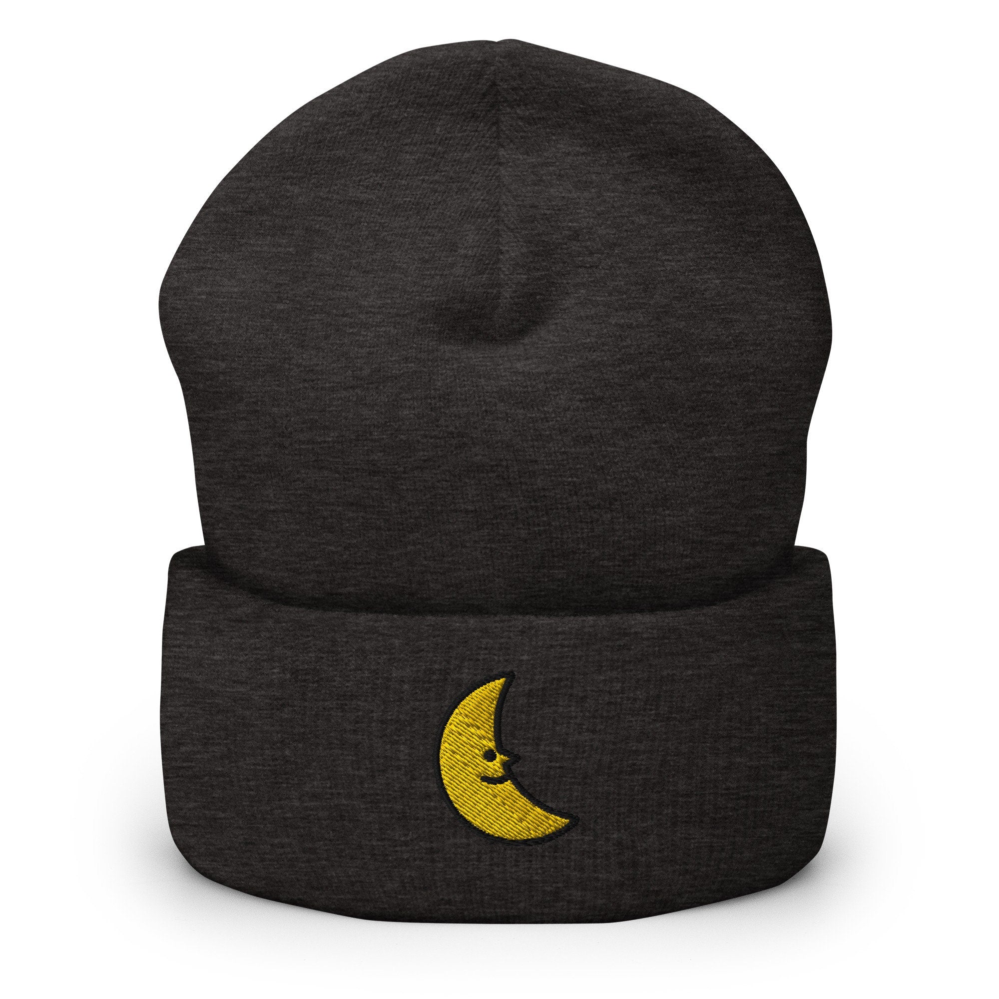 Smiling Crescent Moon Embroidered Beanie, Handmade Cuffed Knit Unisex Slouchy Adult Winter Hat Cap Gift