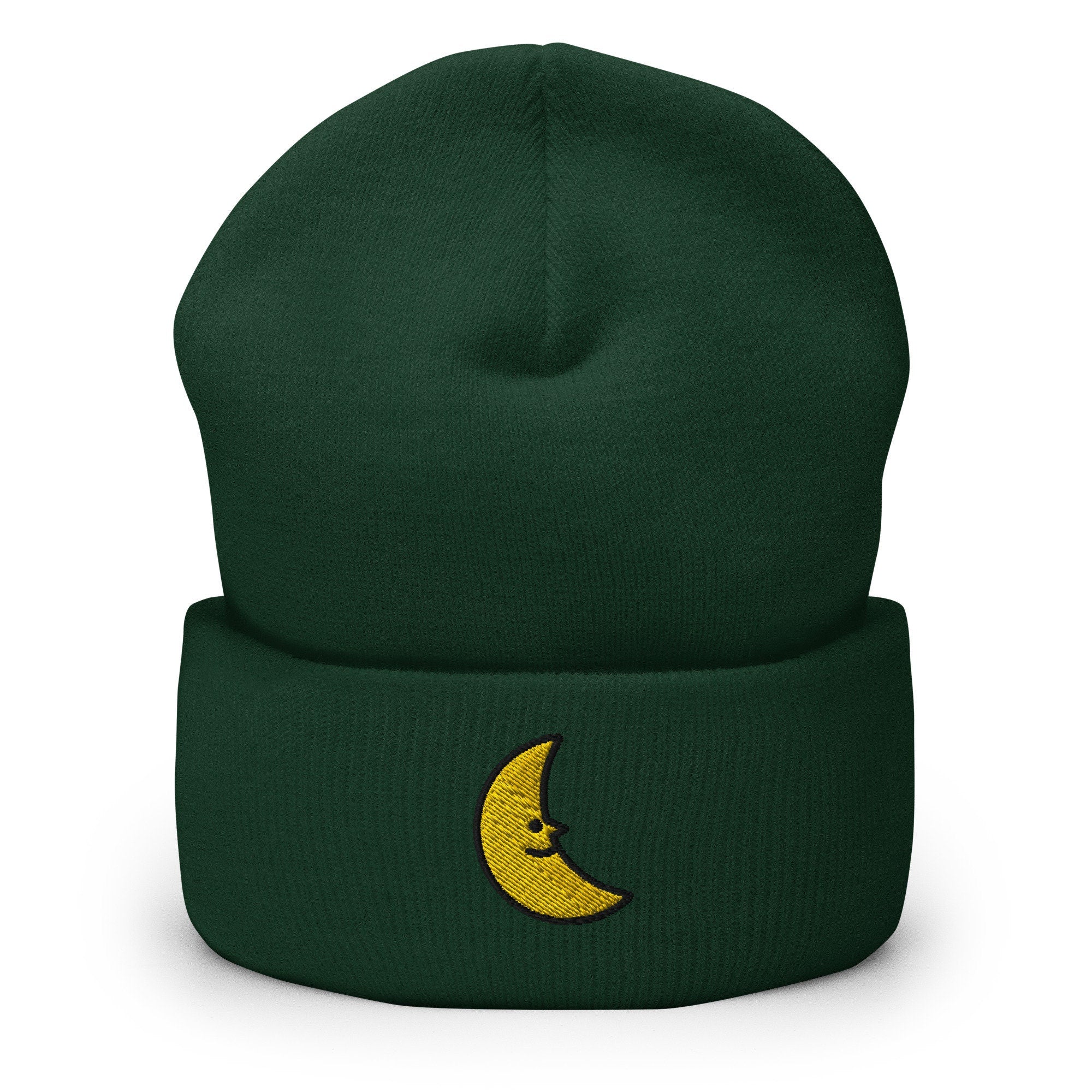 Smiling Crescent Moon Embroidered Beanie, Handmade Cuffed Knit Unisex Slouchy Adult Winter Hat Cap Gift