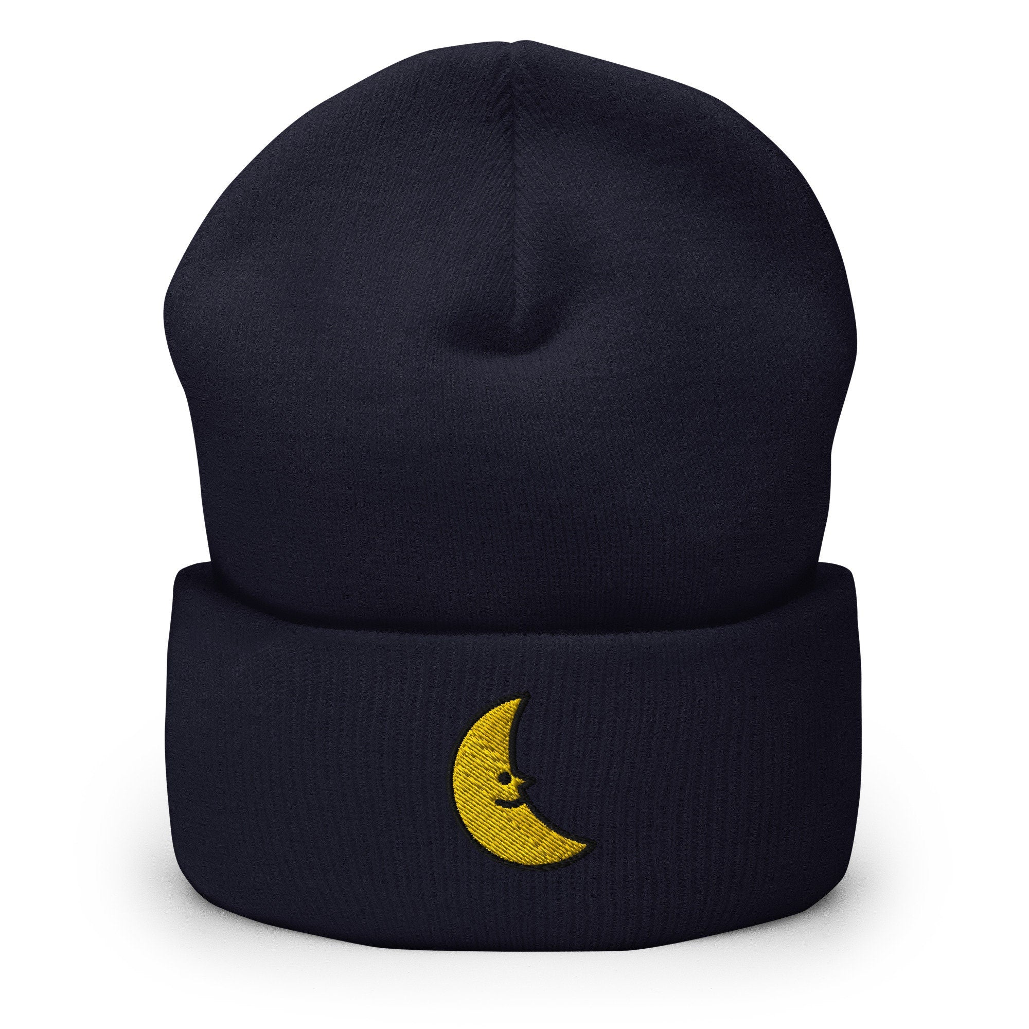 Smiling Crescent Moon Embroidered Beanie, Handmade Cuffed Knit Unisex Slouchy Adult Winter Hat Cap Gift