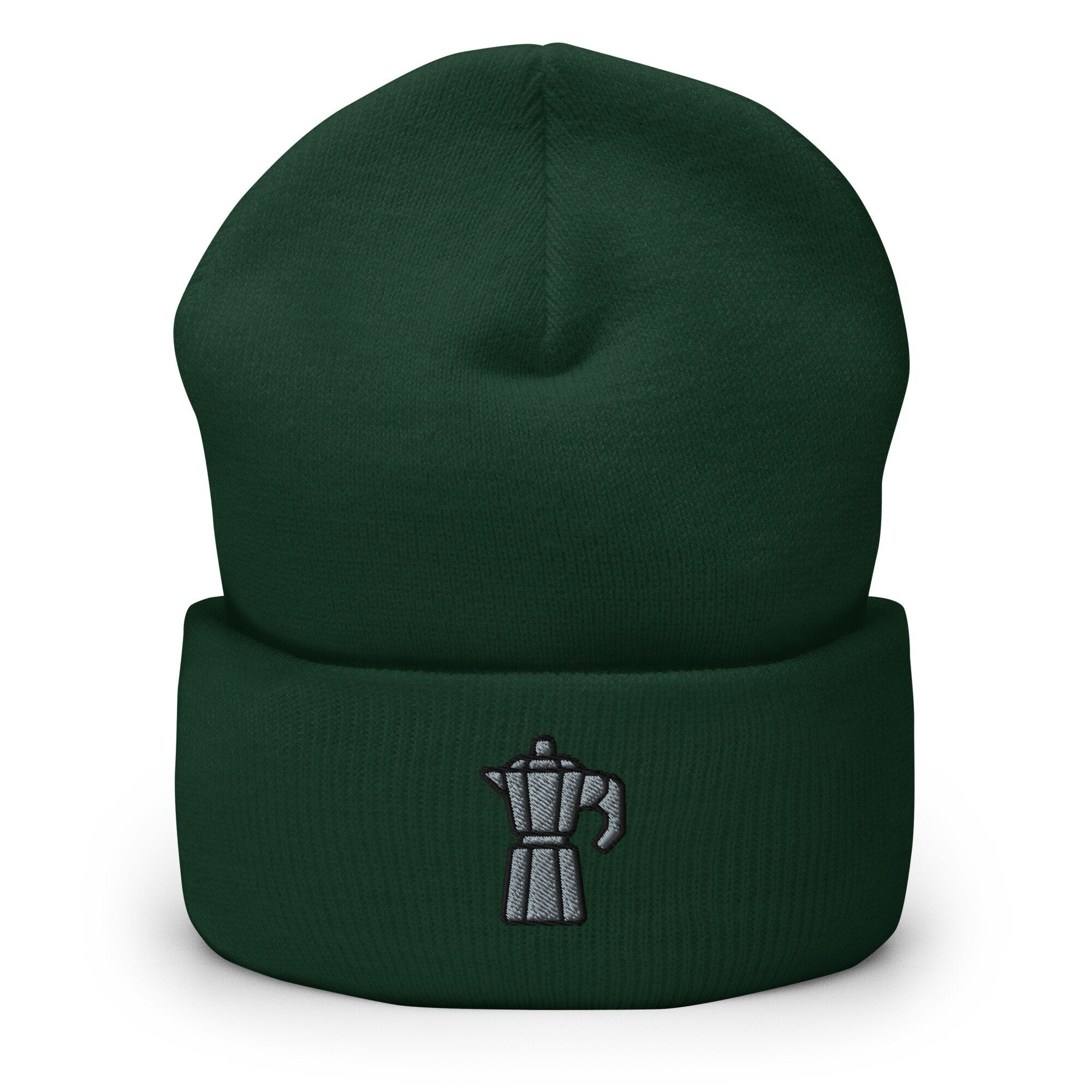 Moka Pot Coffee Maker Embroidered Beanie, Handmade Cuffed Knit Unisex Slouchy Adult Winter Hat Cap Gift