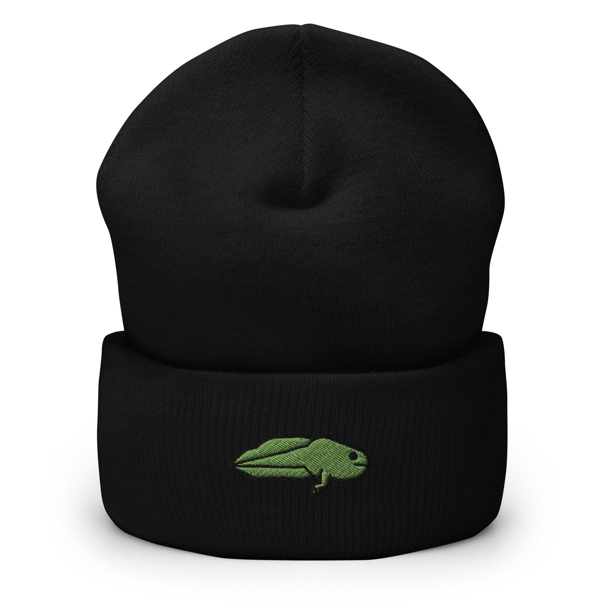 Legged Tadpole Embroidered Beanie, Handmade Cuffed Knit Unisex Slouchy Adult Winter Hat Cap Gift