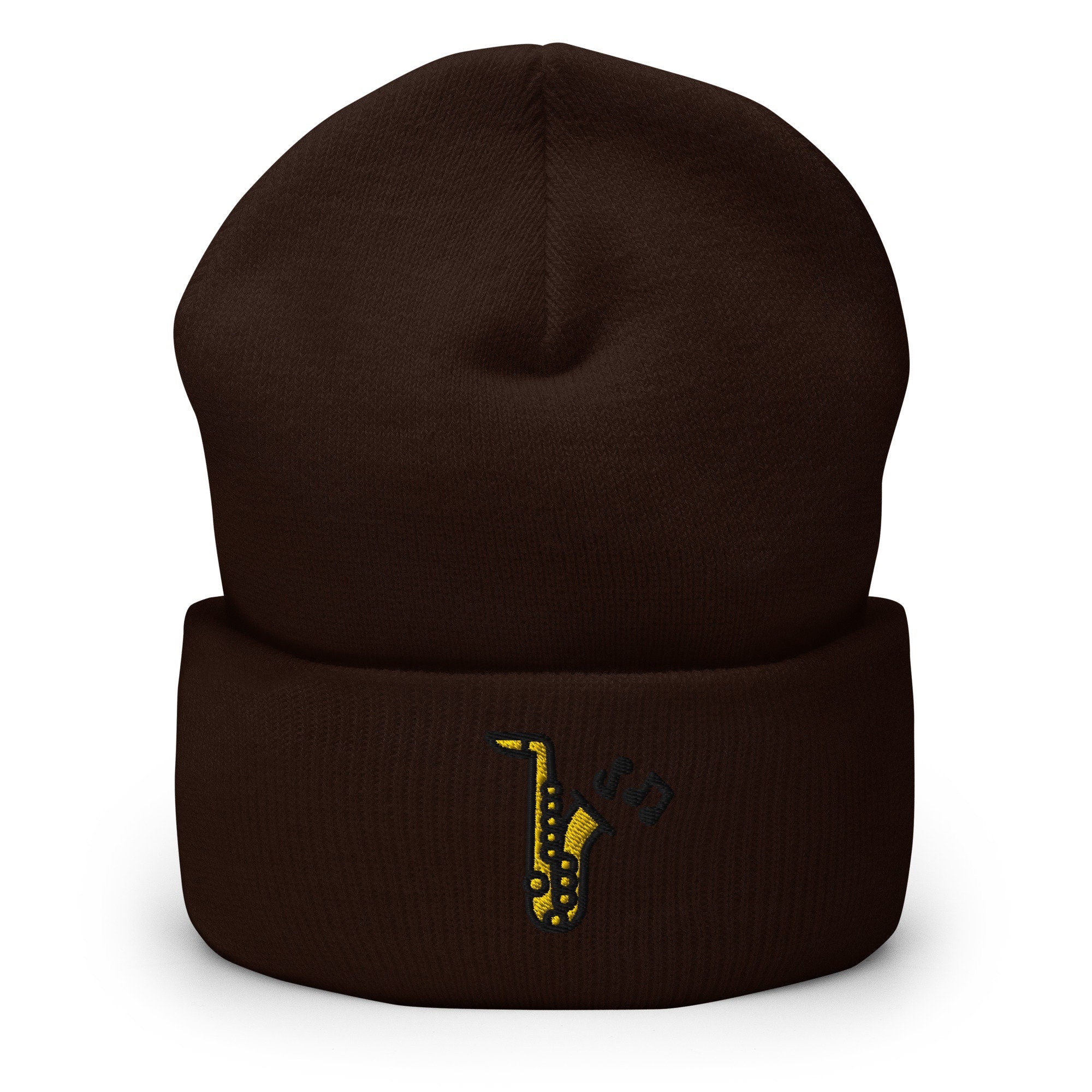 Jazz Saxophone Embroidered Beanie, Handmade Cuffed Knit Unisex Slouchy Adult Winter Hat Cap Gift
