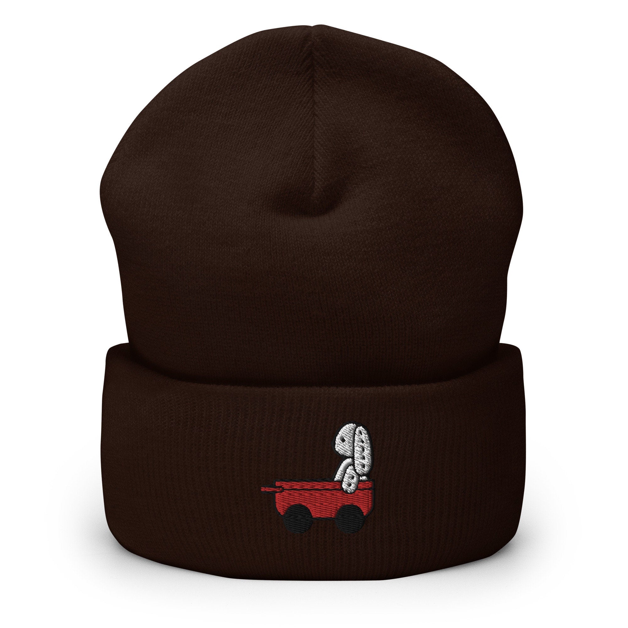 Stuffed Bunny Doll Red Wagon Embroidered Beanie, Handmade Cuffed Knit Unisex Slouchy Adult Winter Hat Cap Gift