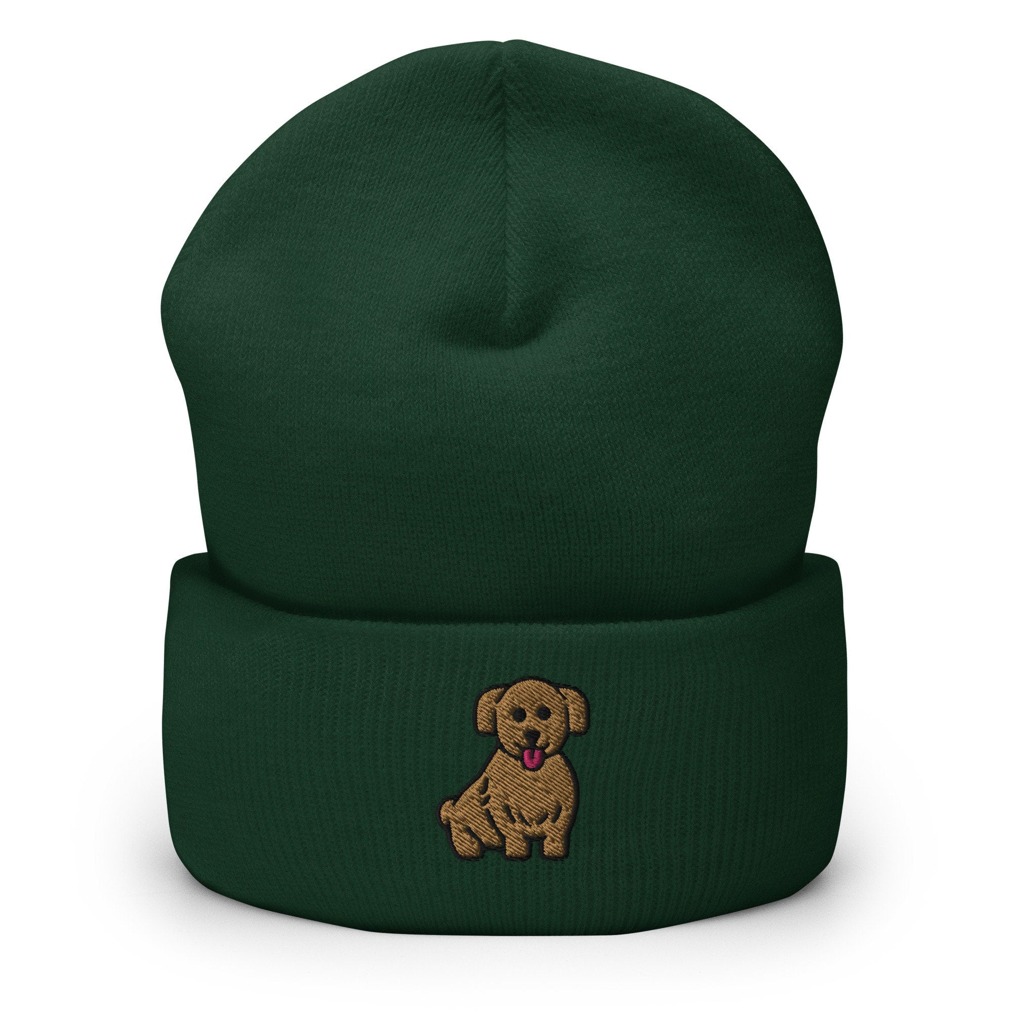 Cute Brown Dog Puppy Embroidered Beanie, Handmade Cuffed Knit Unisex Slouchy Adult Winter Hat Cap Gift