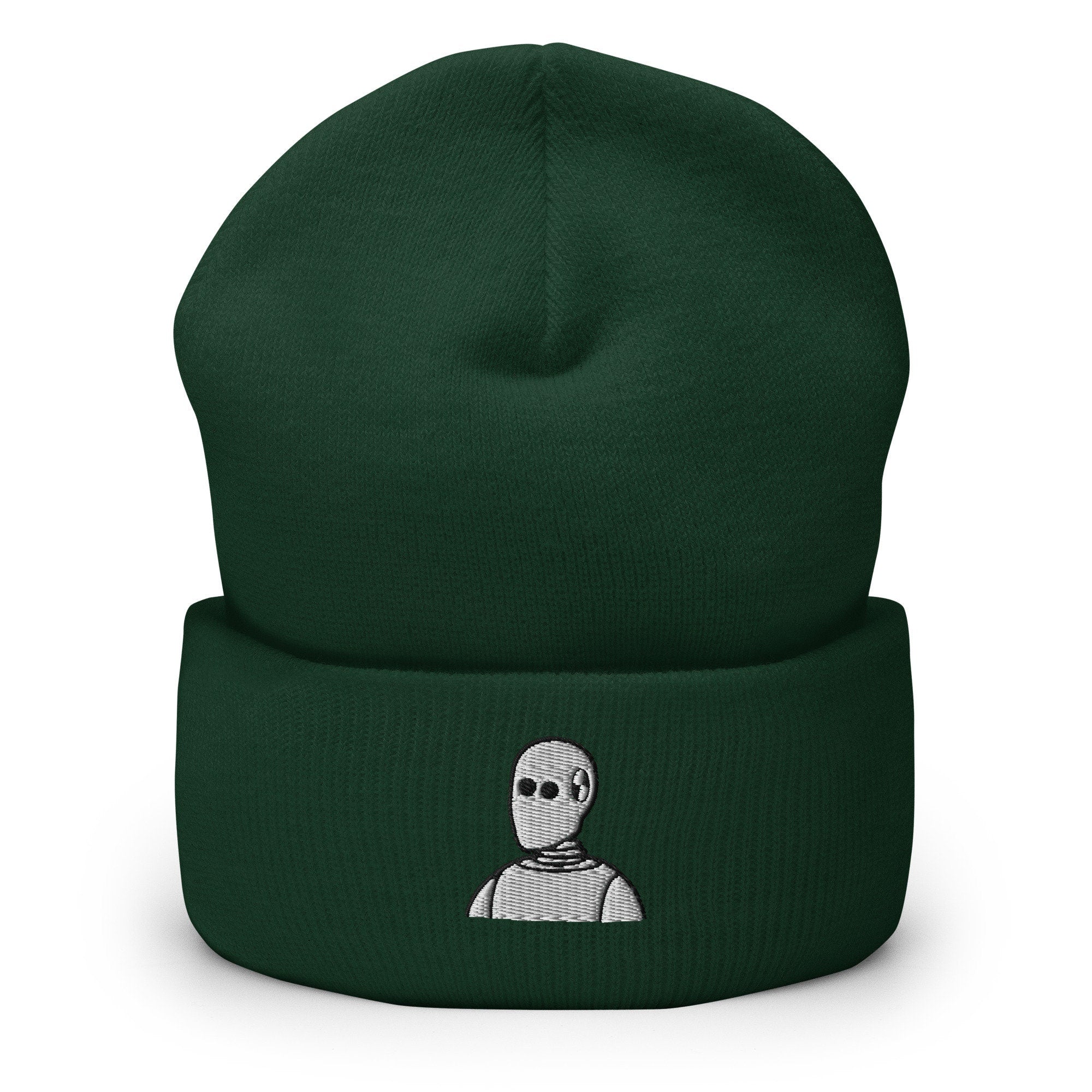 Crash Test Dummy Embroidered Beanie, Handmade Cuffed Knit Unisex Slouchy Adult Winter Hat Cap Gift