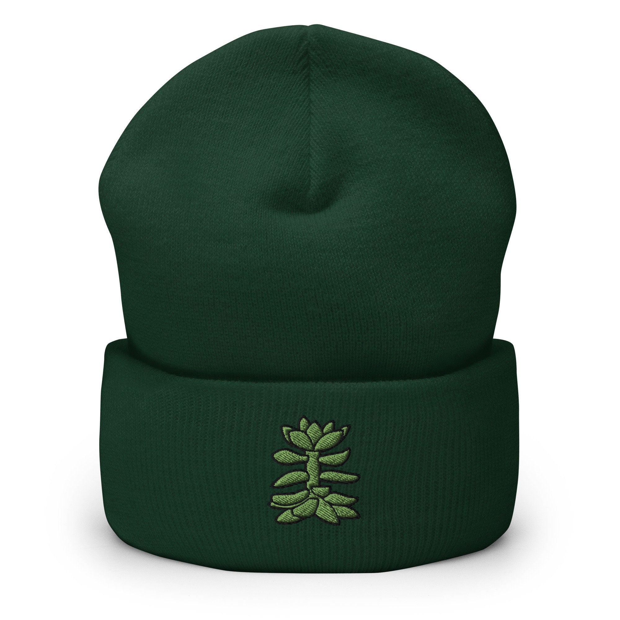Succulent Cactus Plant Embroidered Beanie, Handmade Cuffed Knit Unisex Slouchy Adult Winter Hat Cap Gift