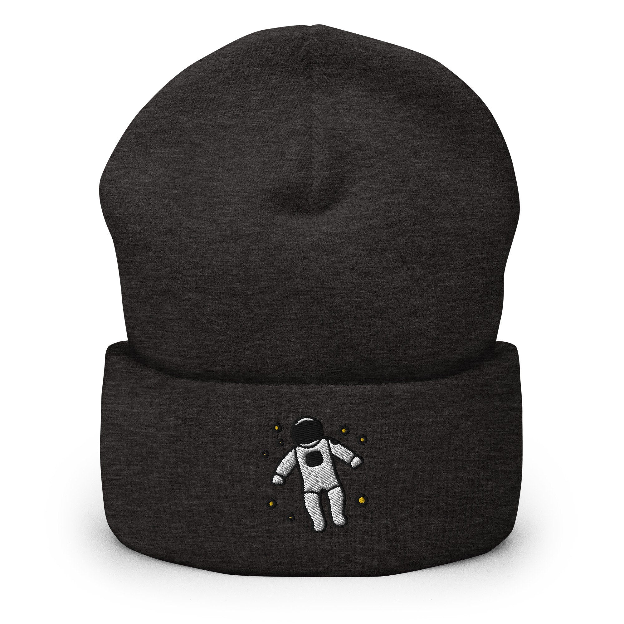 Floating Astronaut Embroidered Beanie, Handmade Cuffed Knit Unisex Slouchy Adult Winter Hat Cap Gift