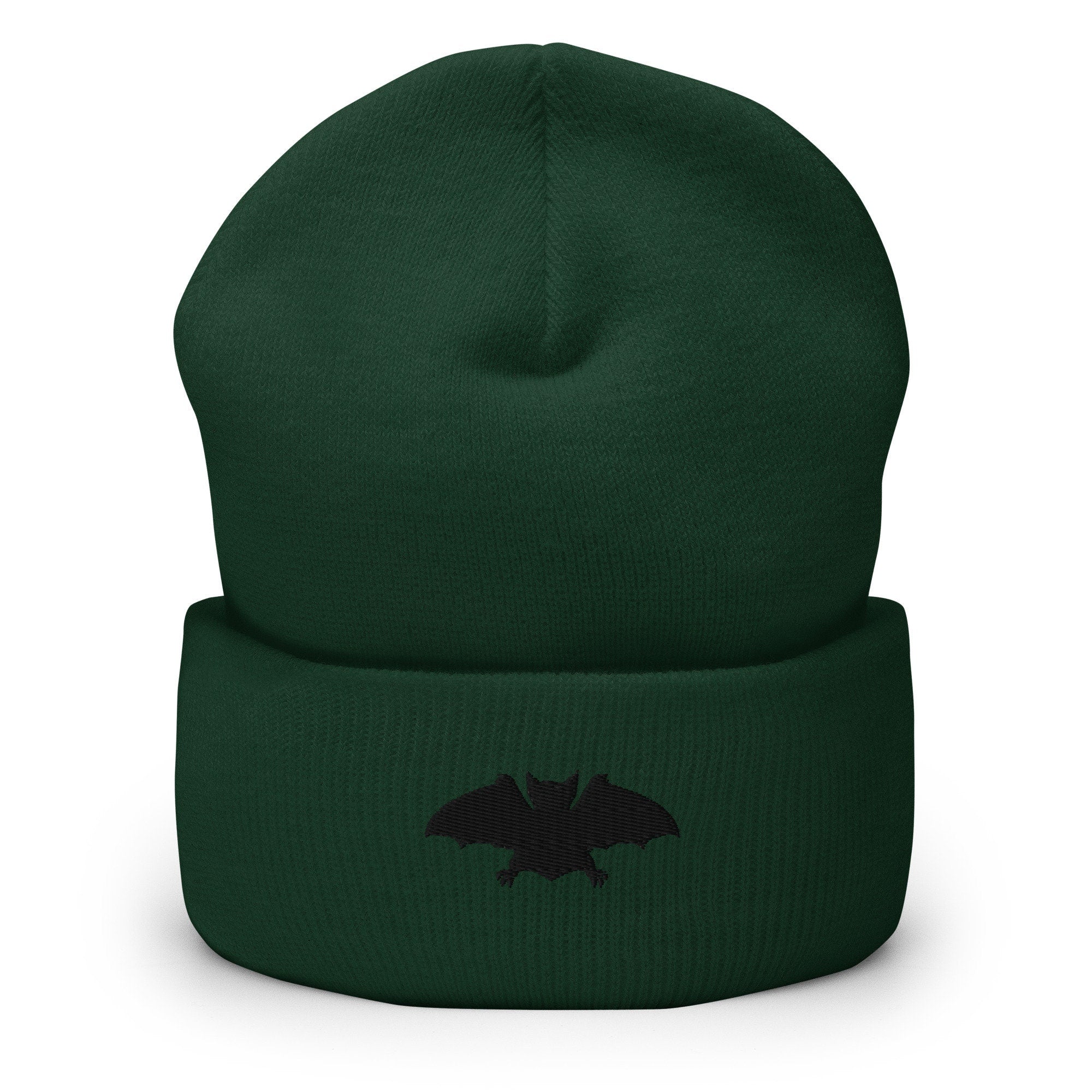 Spooky Nocturnal Fruit Bat Embroidered Beanie, Handmade Cuffed Knit Unisex Slouchy Adult Winter Hat Cap Gift