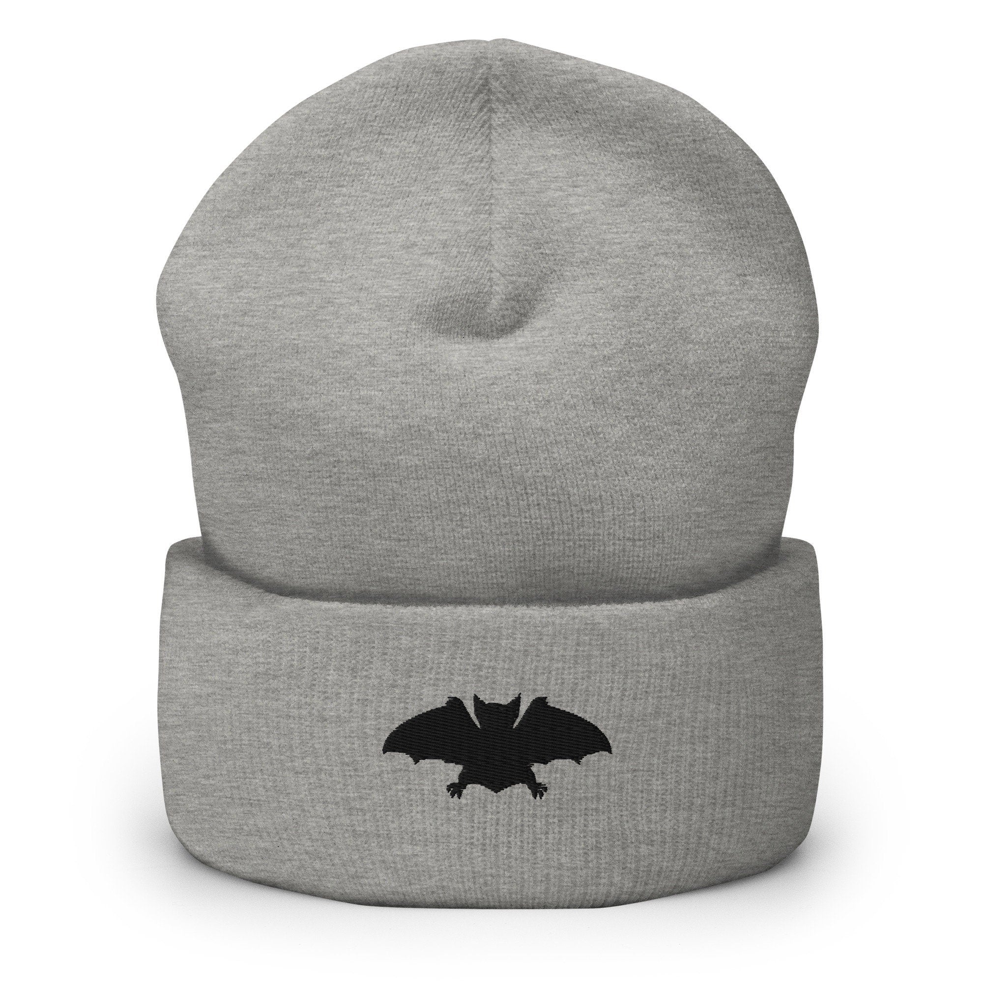 Spooky Nocturnal Fruit Bat Embroidered Beanie, Handmade Cuffed Knit Unisex Slouchy Adult Winter Hat Cap Gift