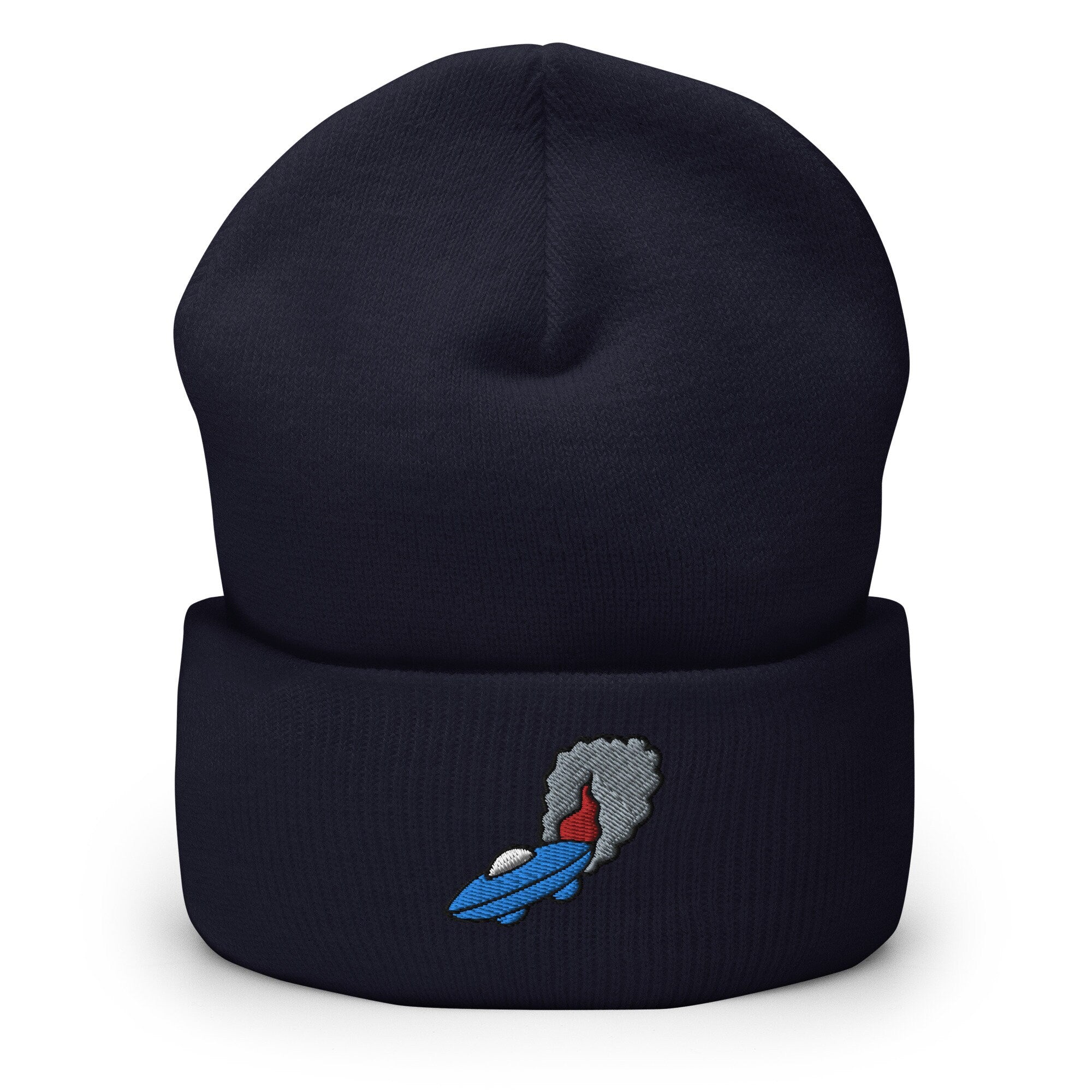 Flying Saucer Embroidered Beanie, Handmade Cuffed Knit Unisex Slouchy Adult Winter Hat Cap Gift