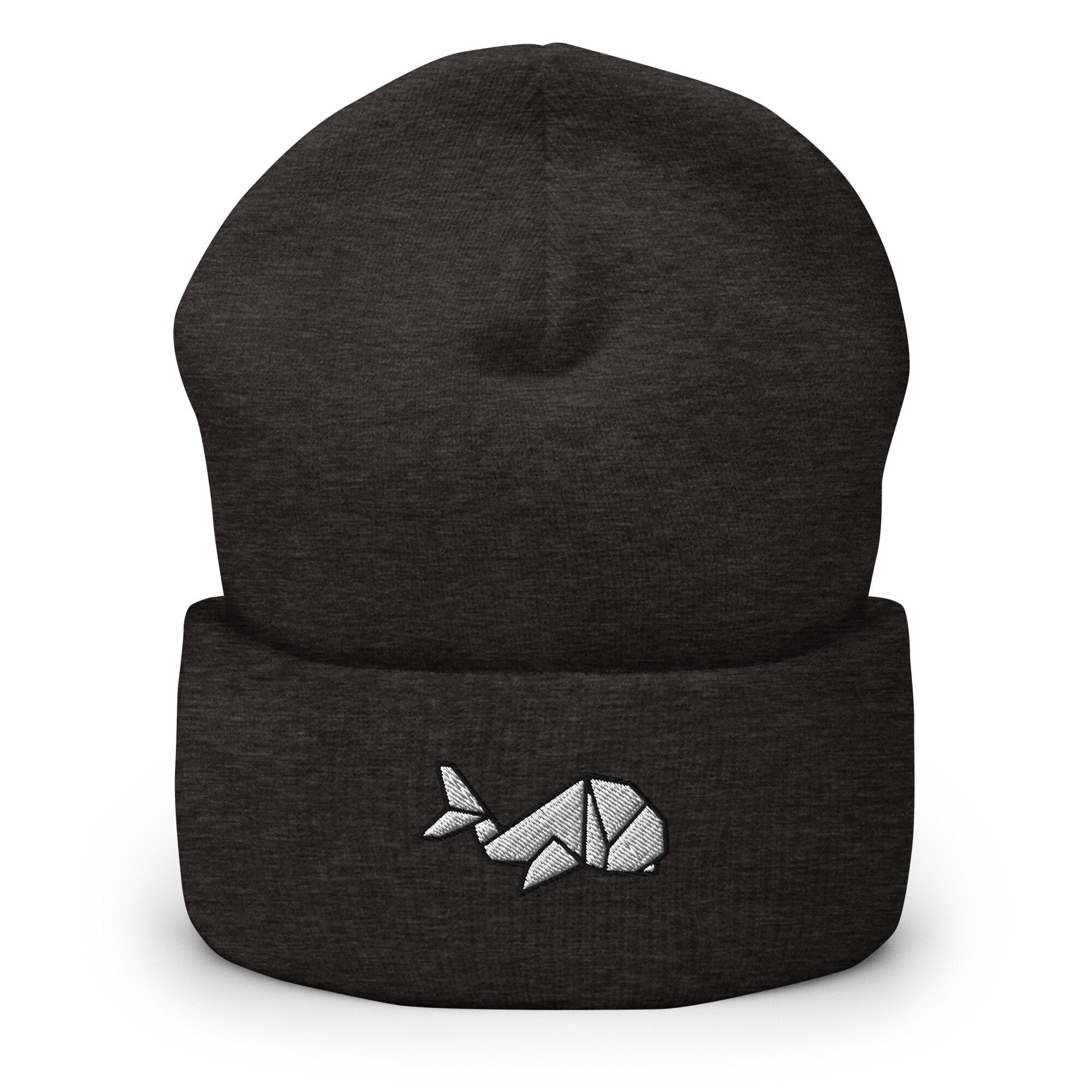 Japanese Origami Whale Embroidered Beanie, Handmade Cuffed Knit Unisex Slouchy Adult Winter Hat Cap Gift