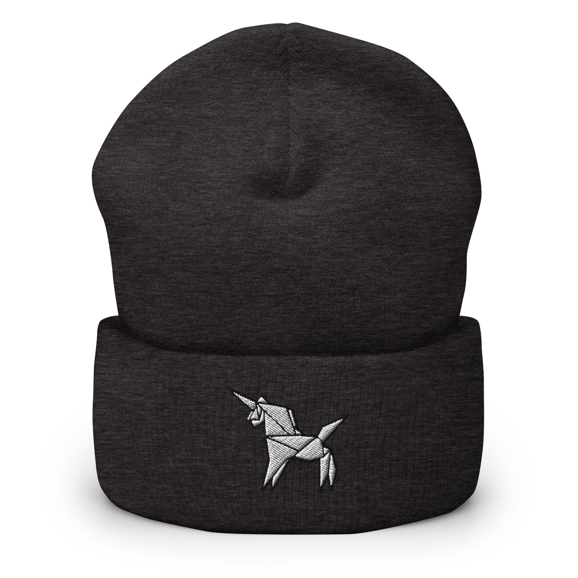 Origami Unicorn Embroidered Beanie, Handmade Cuffed Knit Unisex Slouchy Adult Winter Hat Cap Gift