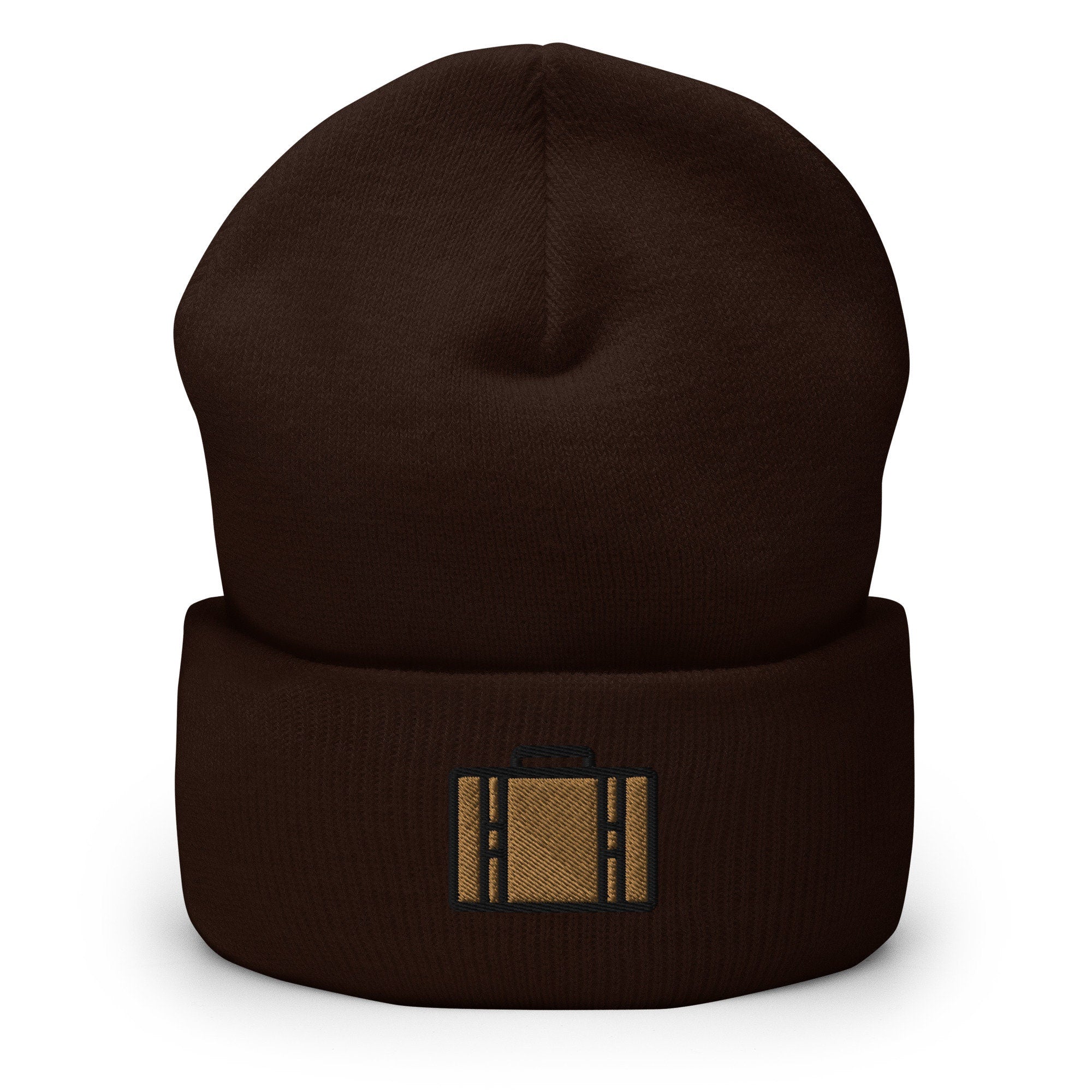 Suitcase Briefcase Embroidered Beanie, Handmade Cuffed Knit Unisex Slouchy Adult Winter Hat Cap Gift