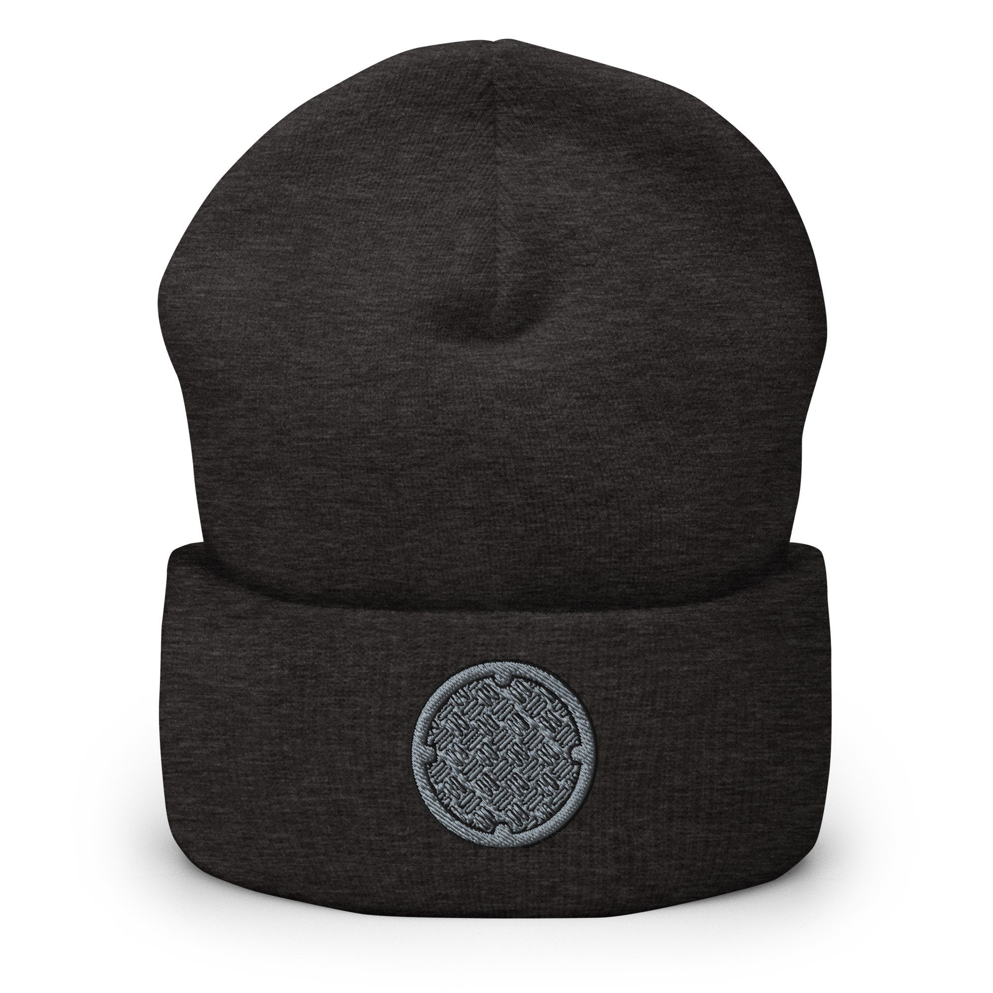Sewer Manhole Cover Embroidered Beanie, Handmade Cuffed Knit Unisex Slouchy Adult Winter Hat Cap Gift