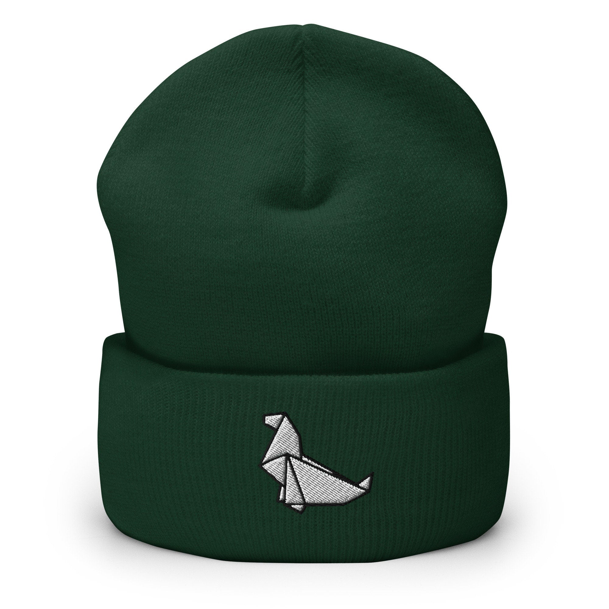 Origami Seal Embroidered Beanie, Handmade Cuffed Knit Unisex Slouchy Adult Winter Hat Cap Gift