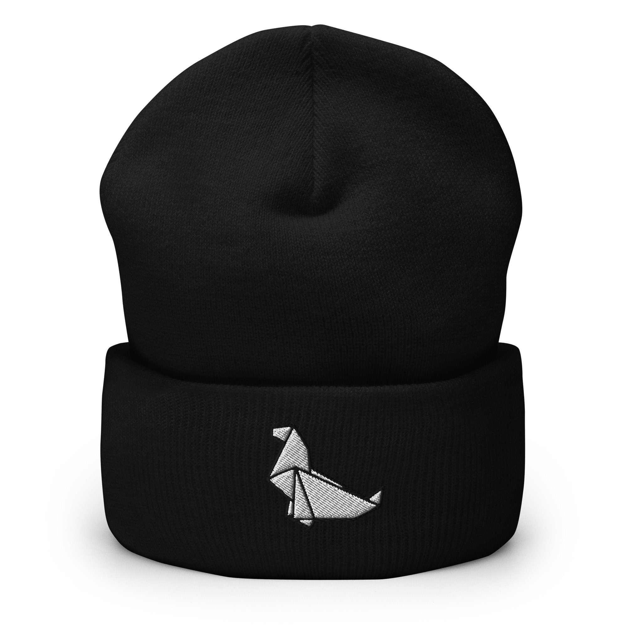 Origami Seal Embroidered Beanie, Handmade Cuffed Knit Unisex Slouchy Adult Winter Hat Cap Gift