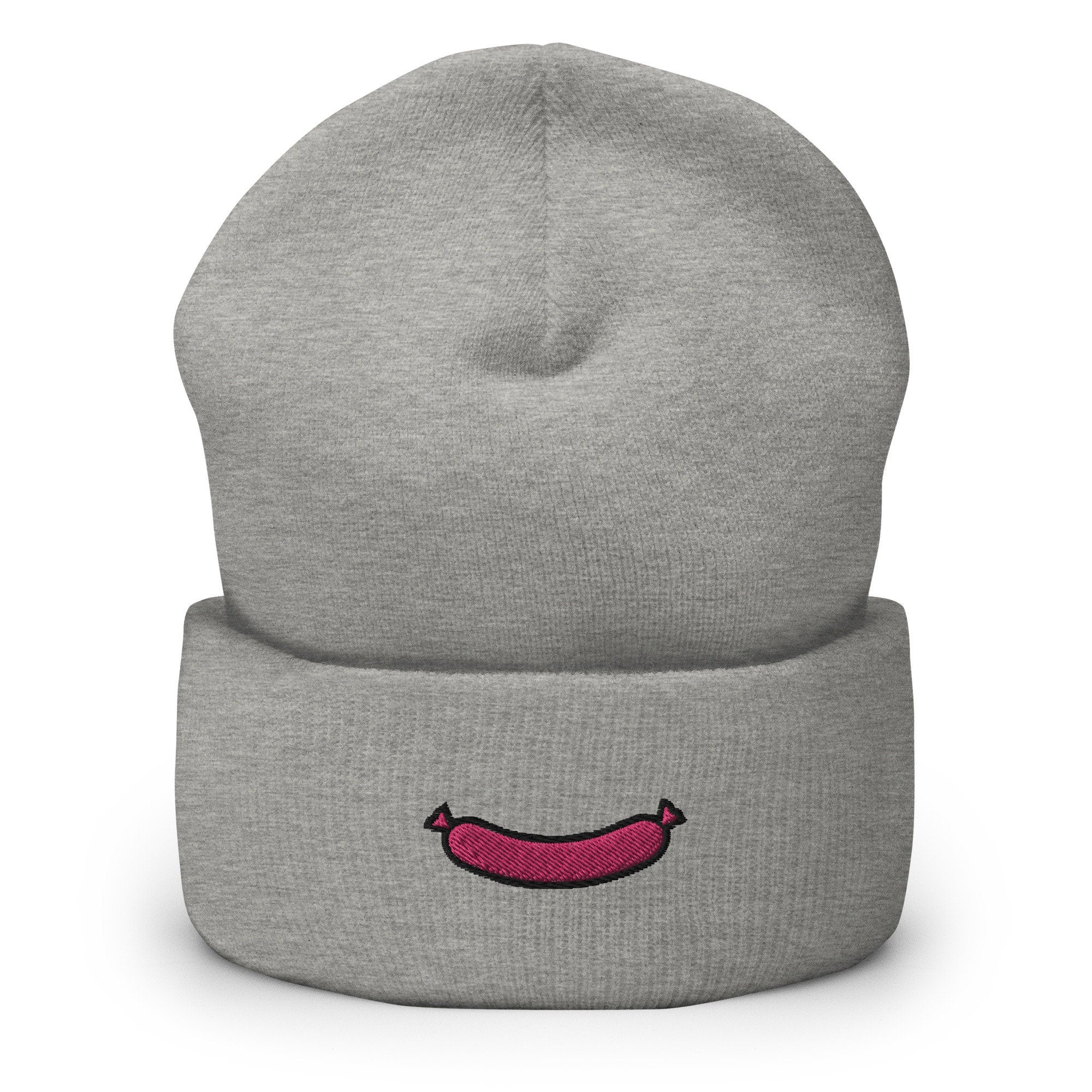 Weiner Vienna Sausage Embroidered Beanie, Handmade Cuffed Knit Unisex Slouchy Adult Winter Hat Cap Gift