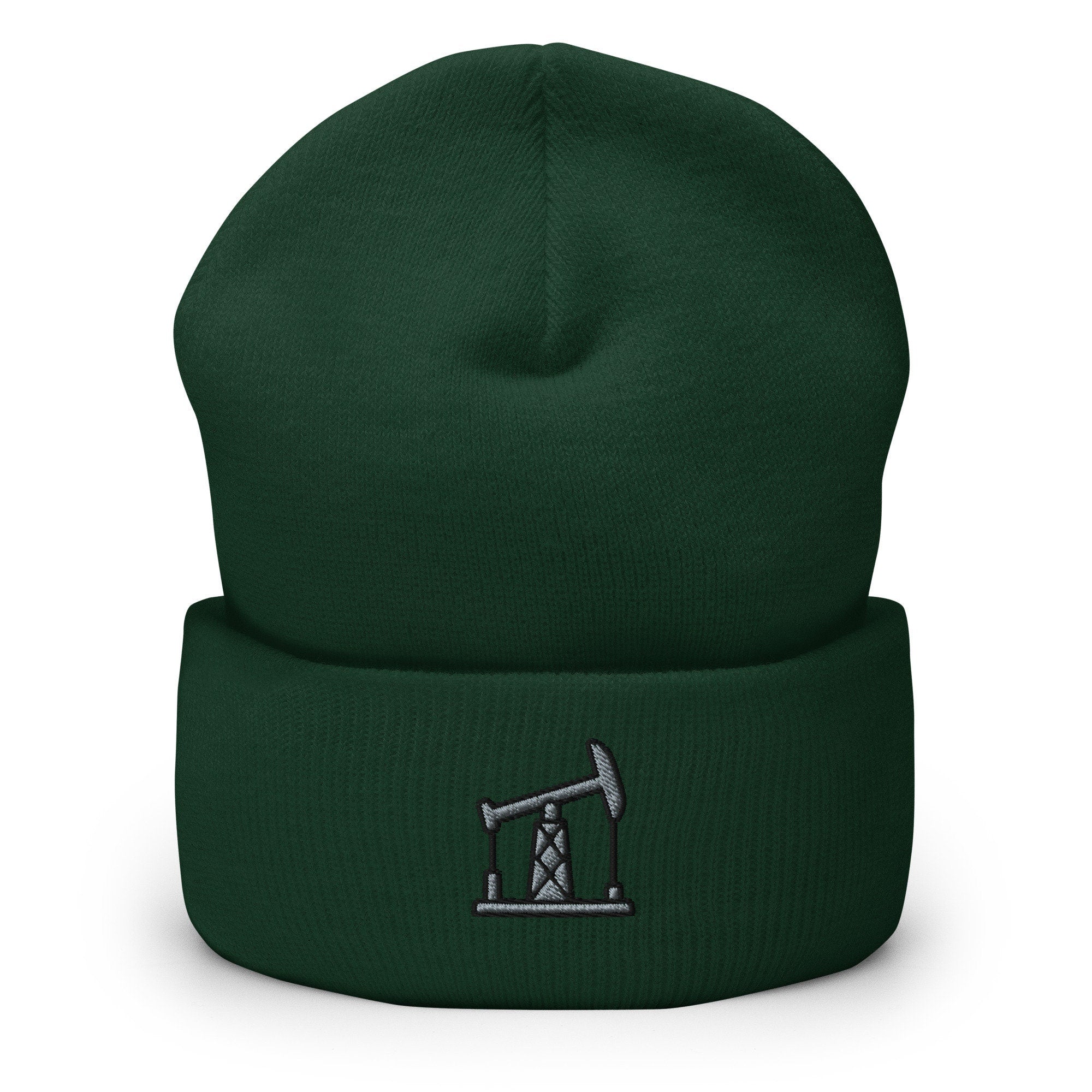 Grasshopper Oil Pumpjack Embroidered Beanie, Handmade Cuffed Knit Unisex Slouchy Adult Winter Hat Cap Gift