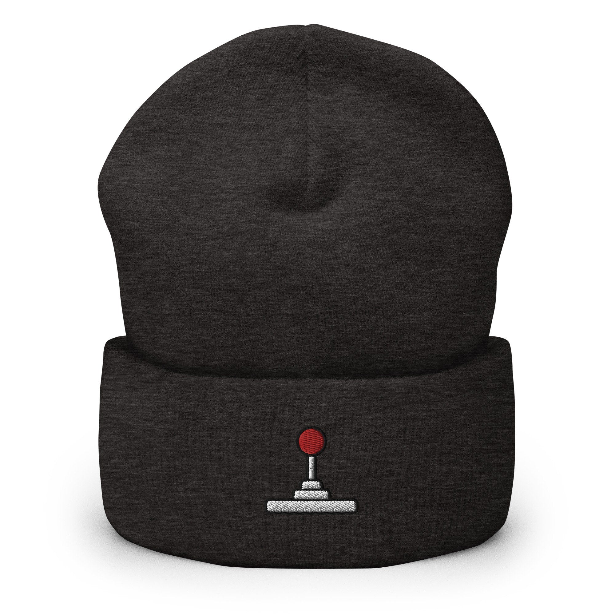 Arcade Gaming Joystick Fightstick Embroidered Beanie, Handmade Cuffed Knit Unisex Slouchy Adult Winter Hat Cap Gift