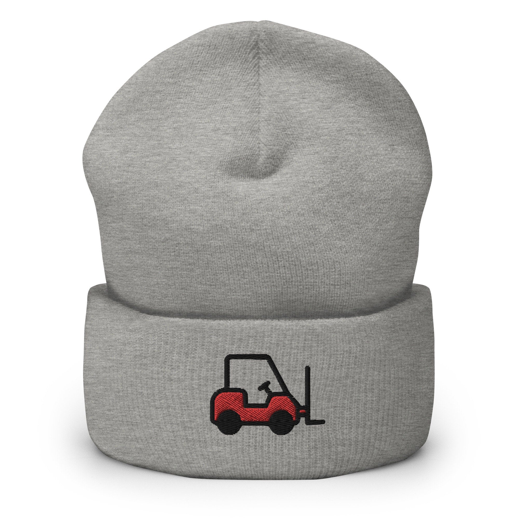 Fork Lift Truck Embroidered Beanie, Handmade Cuffed Knit Unisex Slouchy Adult Winter Hat Cap Gift