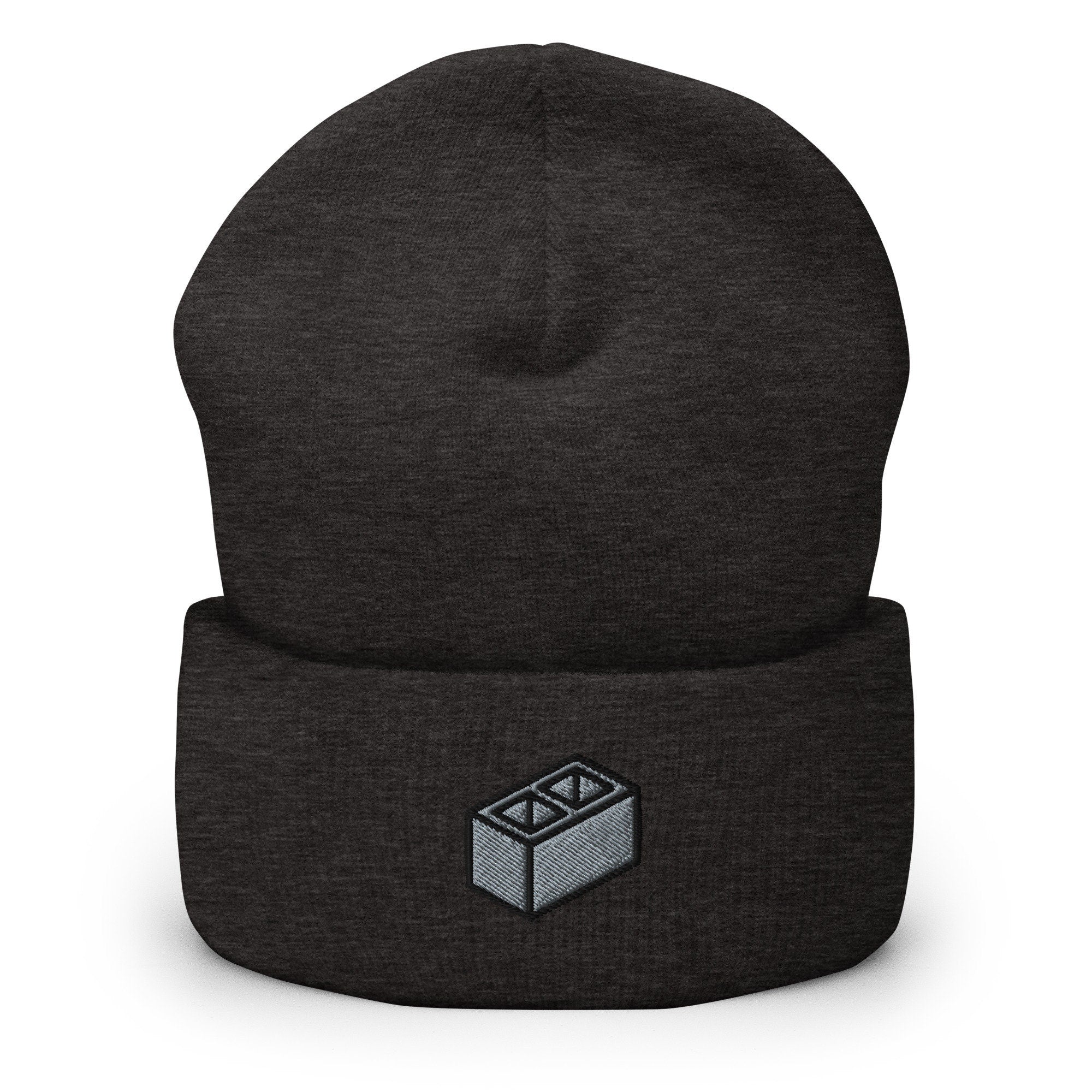 Cinder Block Embroidered Beanie, Handmade Cuffed Knit Unisex Slouchy Adult Winter Hat Cap Gift