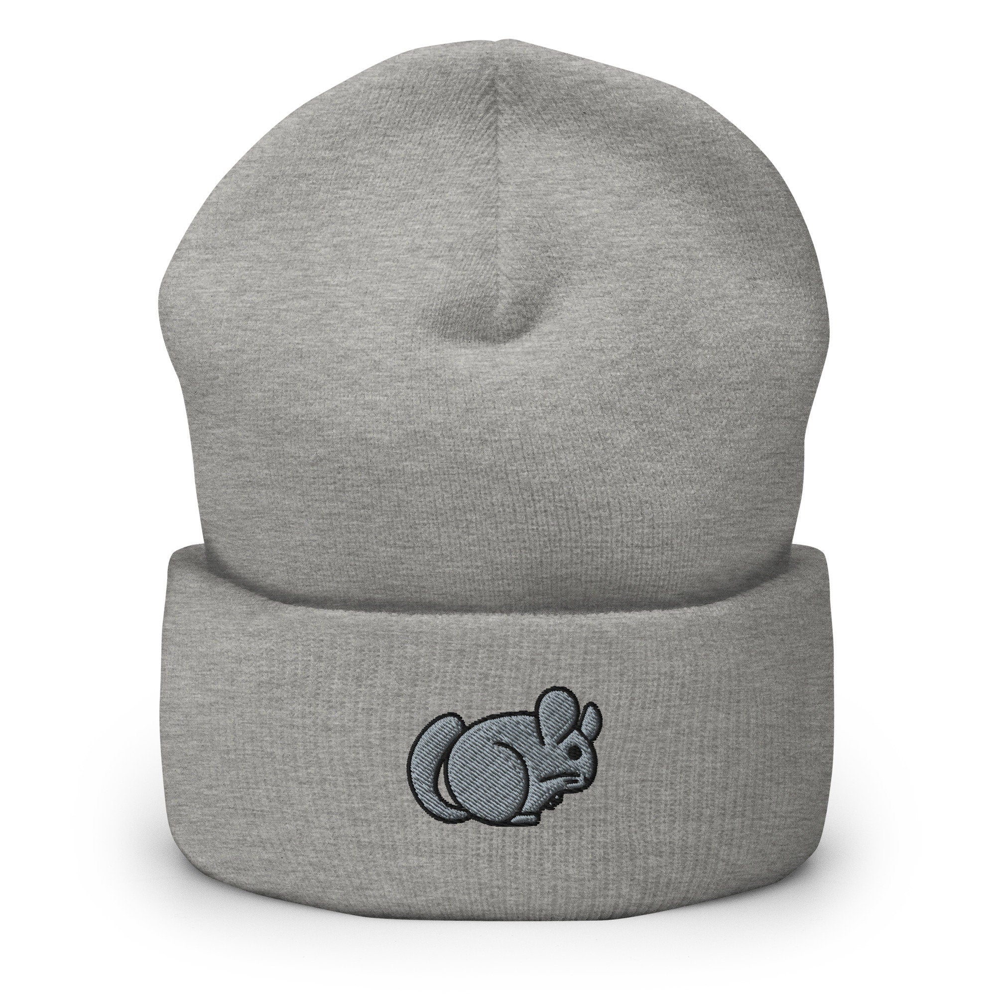 Pet Chinchilla Embroidered Beanie, Handmade Cuffed Knit Unisex Slouchy Adult Winter Hat Cap Gift