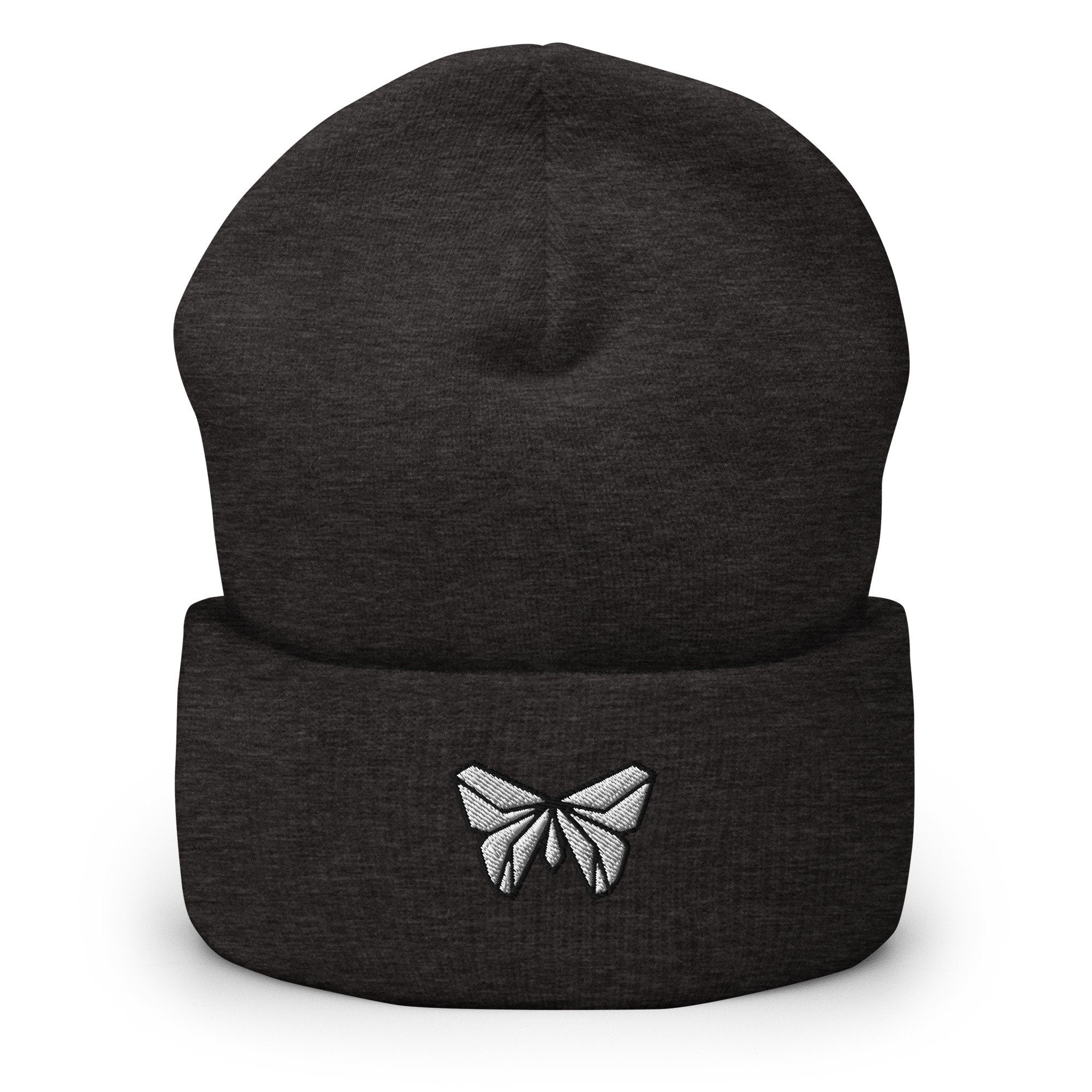 Japanese Origami Butterfly Embroidered Beanie, Handmade Cuffed Knit Unisex Slouchy Adult Winter Hat Cap Gift