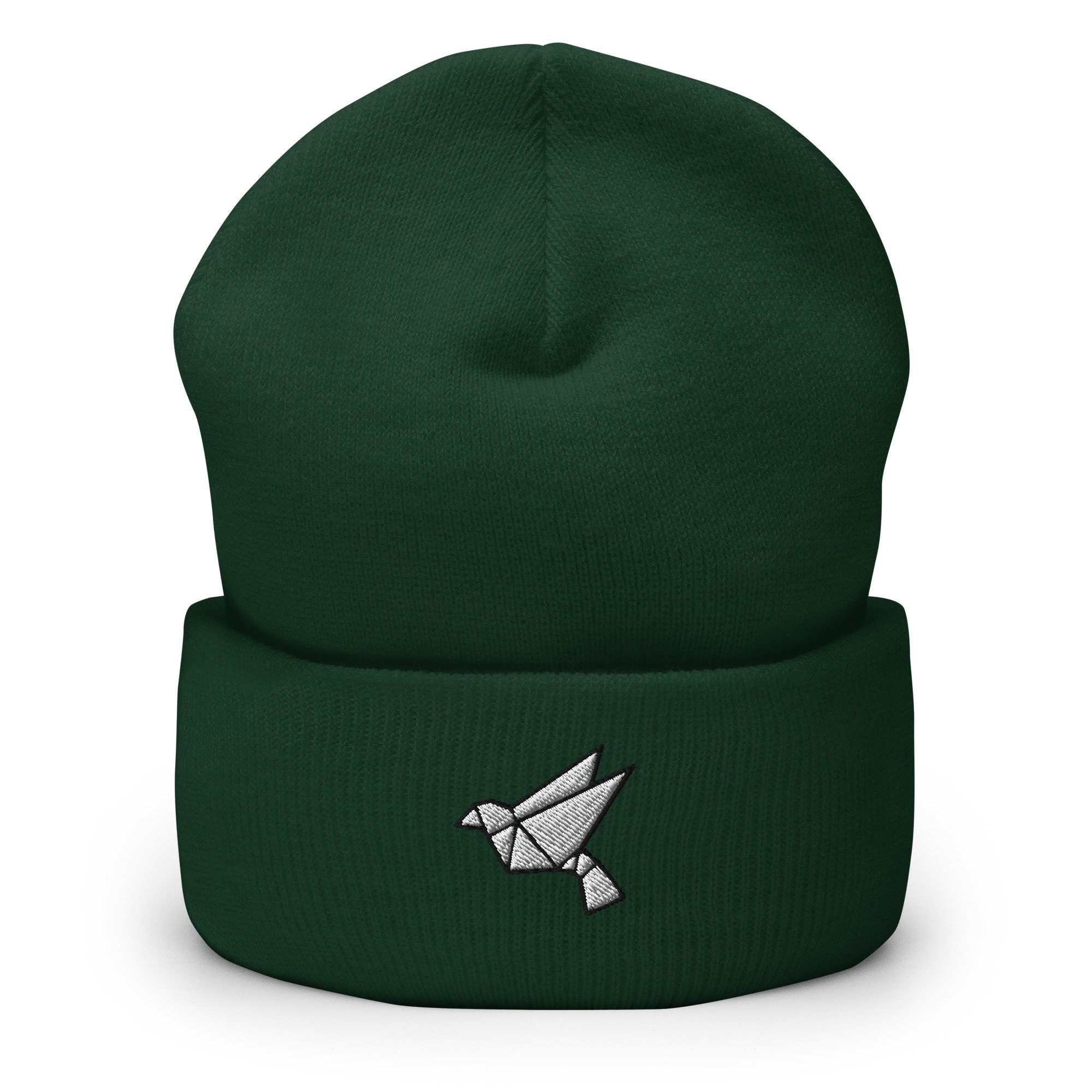 Origami Bird Embroidered Beanie, Handmade Cuffed Knit Unisex Slouchy Adult Winter Hat Cap Gift