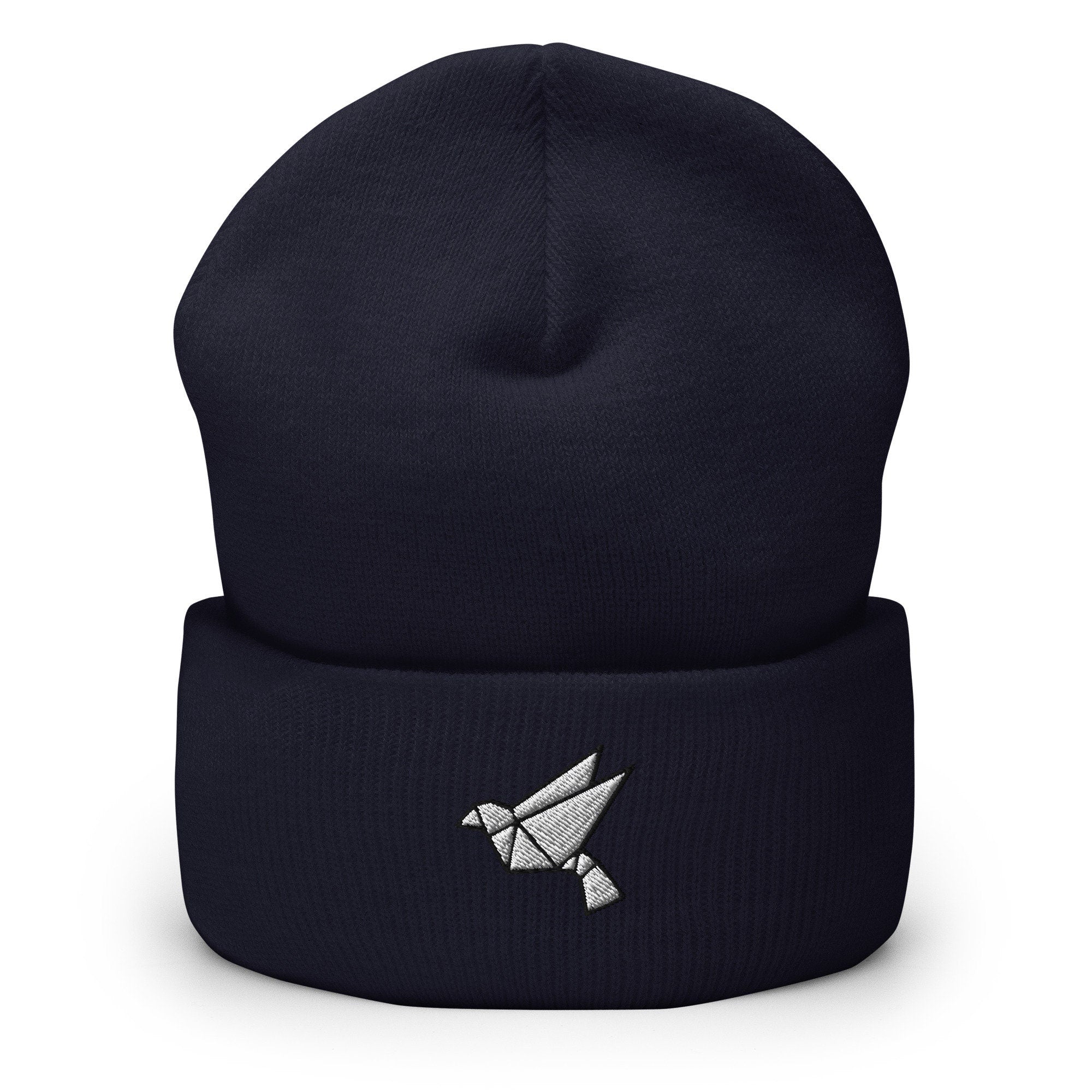 Origami Bird Embroidered Beanie, Handmade Cuffed Knit Unisex Slouchy Adult Winter Hat Cap Gift