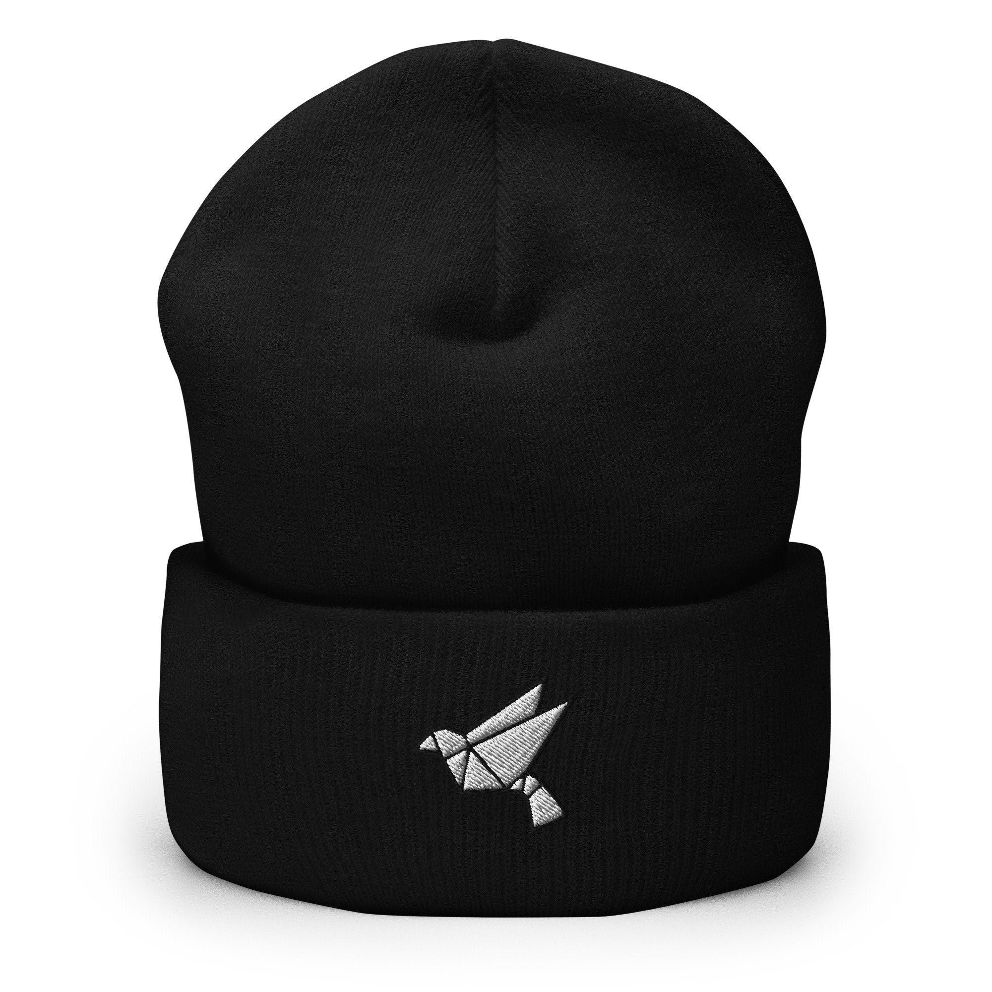 Origami Bird Embroidered Beanie, Handmade Cuffed Knit Unisex Slouchy Adult Winter Hat Cap Gift