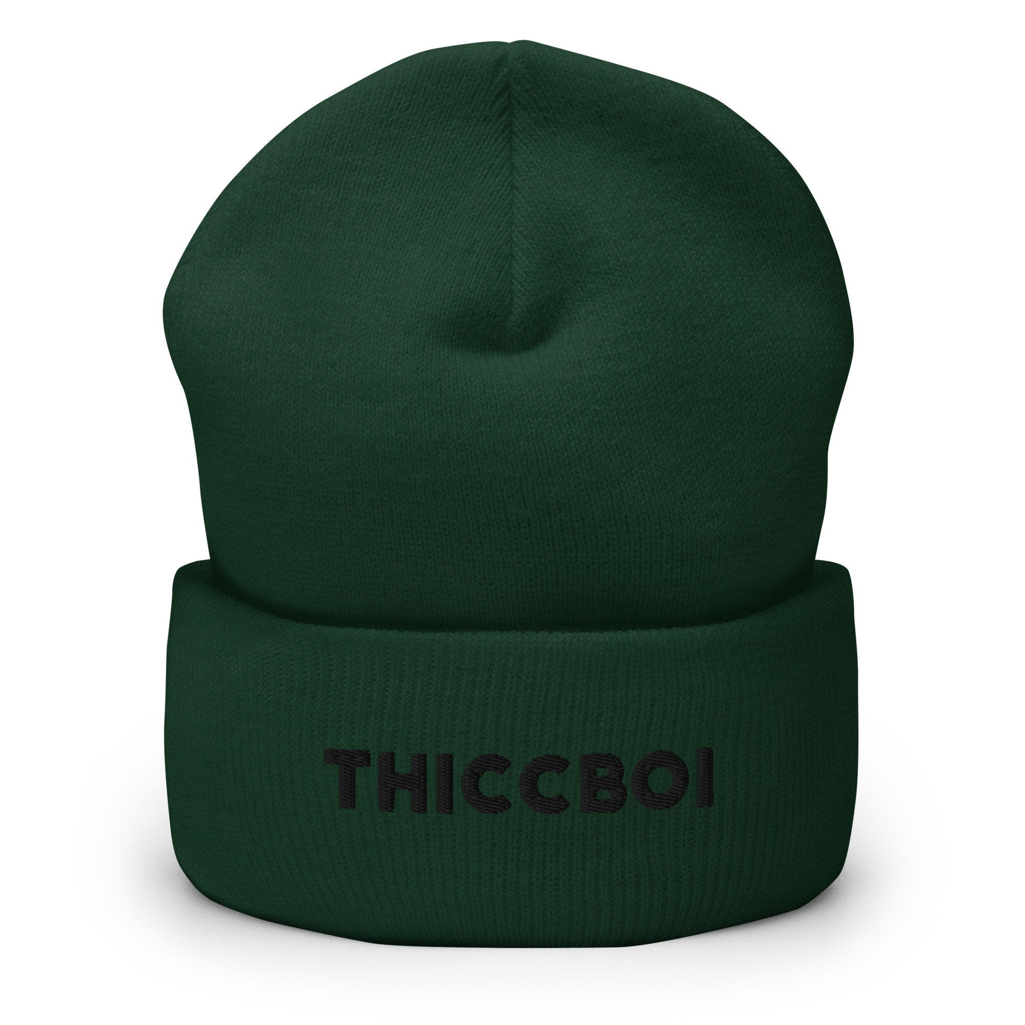 Thicc Boi Embroidered Beanie, Handmade Cuffed Knit Unisex Slouchy Adult Winter Hat Cap Gift