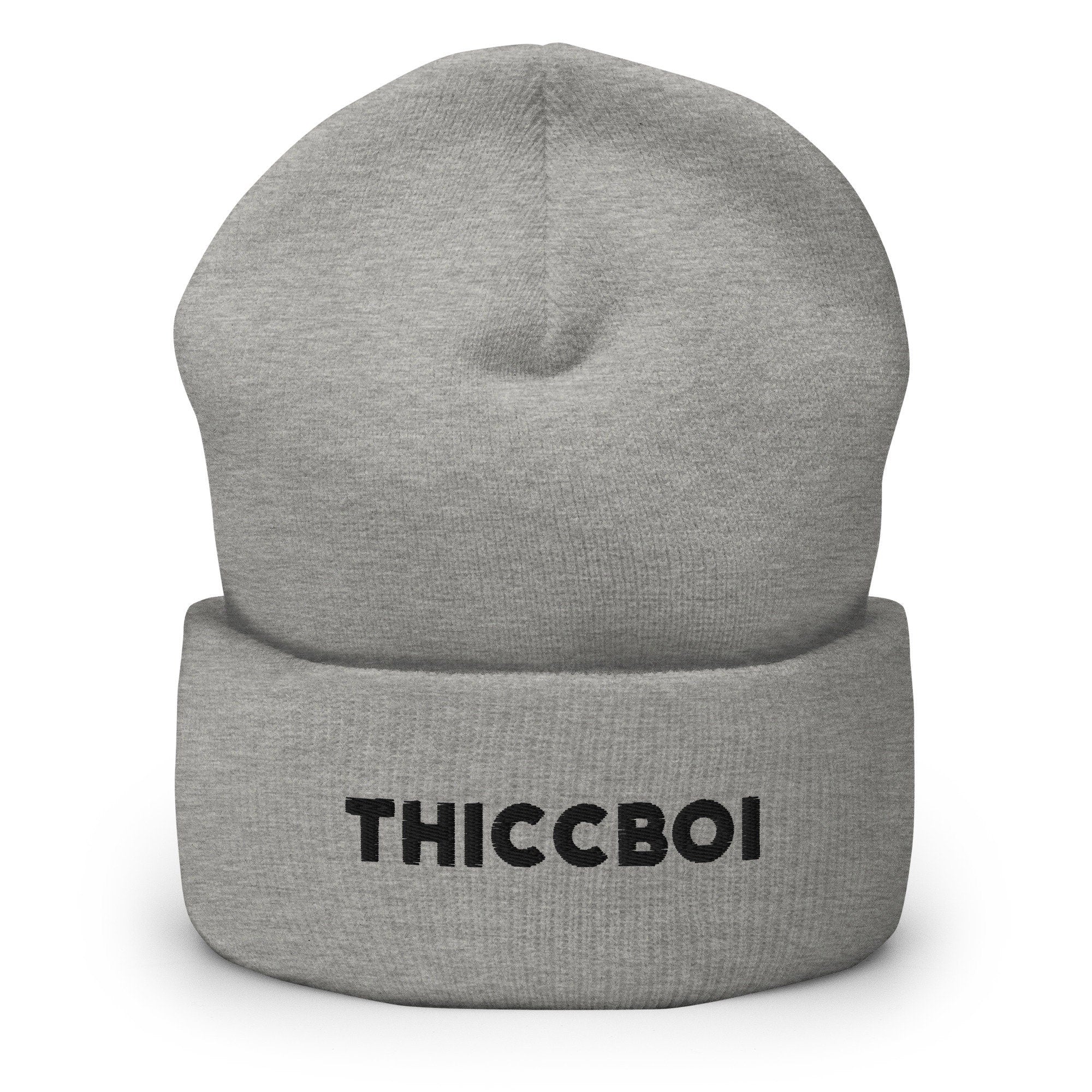 Thicc Boi Embroidered Beanie, Handmade Cuffed Knit Unisex Slouchy Adult Winter Hat Cap Gift
