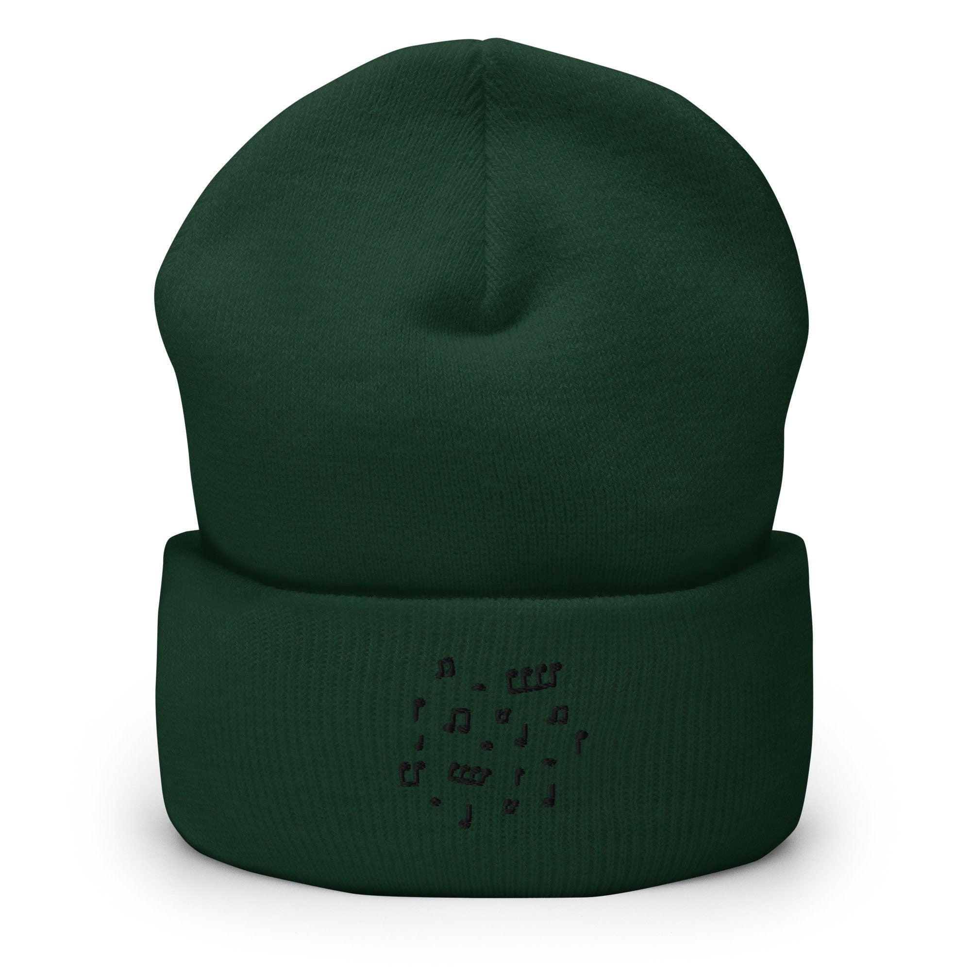 Music Notes Embroidered Beanie, Handmade Cuffed Knit Unisex Slouchy Adult Winter Hat Cap Gift