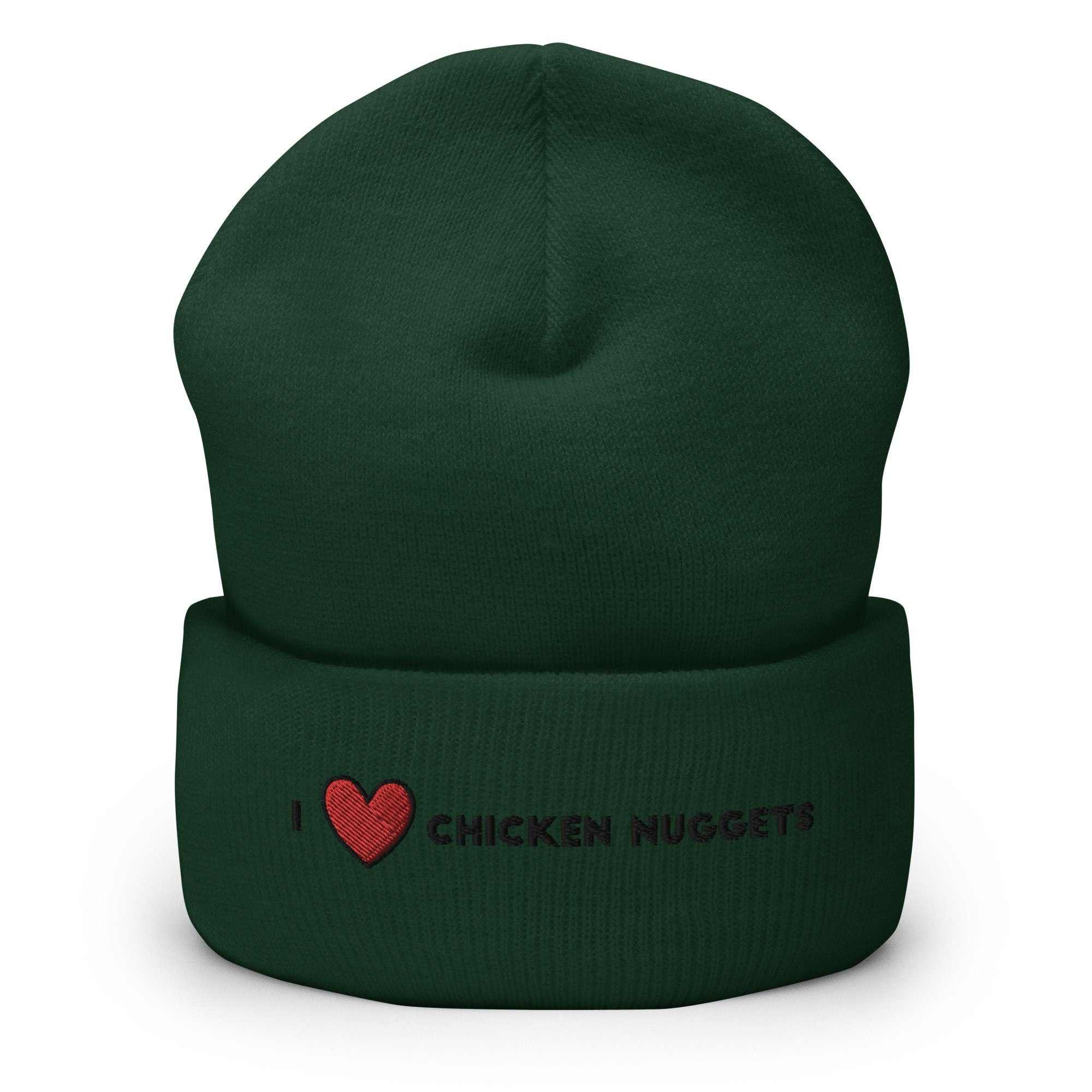 I Heart Chicken Nuggets Embroidered Beanie, Handmade Cuffed Knit Unisex Slouchy Adult Winter Hat Cap Gift