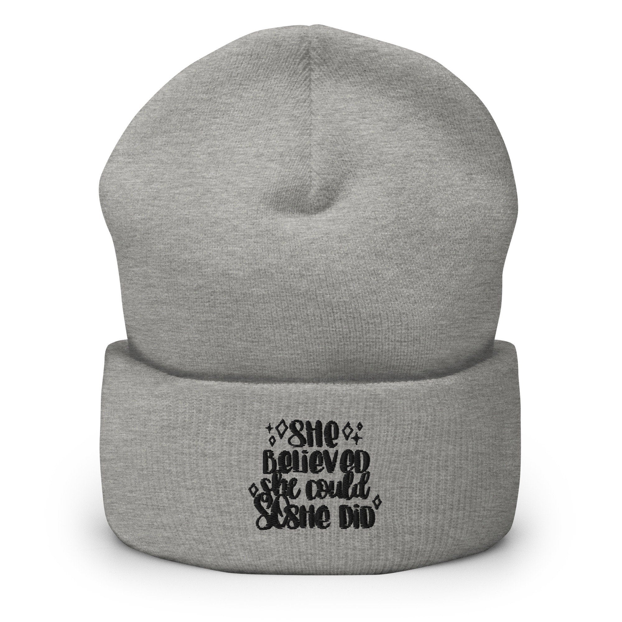 She Believed She Could So She Did Embroidered Beanie, Handmade Cuffed Knit Unisex Slouchy Adult Winter Hat Cap Gift