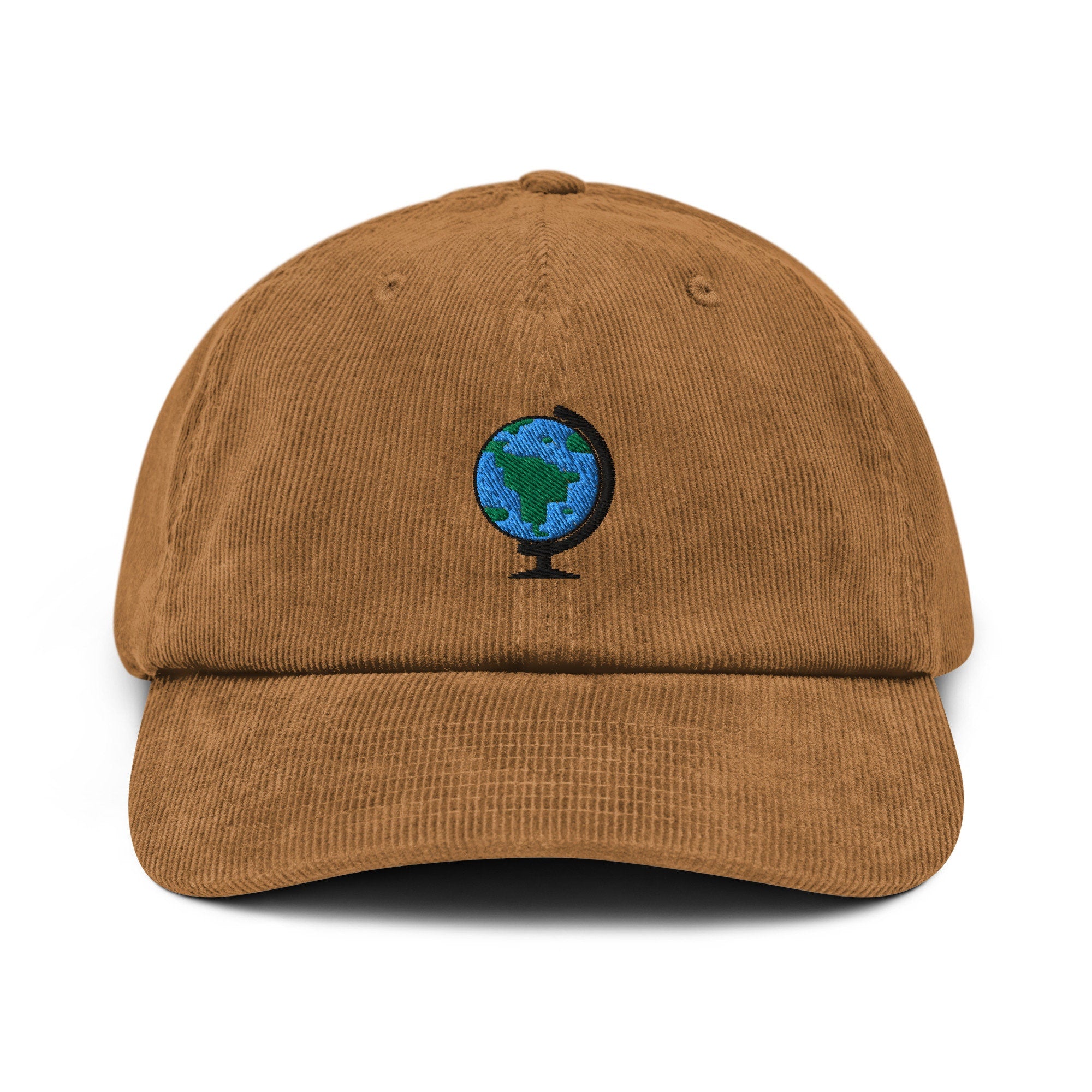 Globe Embroidered Corduroy Dad Hat, Handmade Corduroy Baseball Cap Gift - Multiple Colors