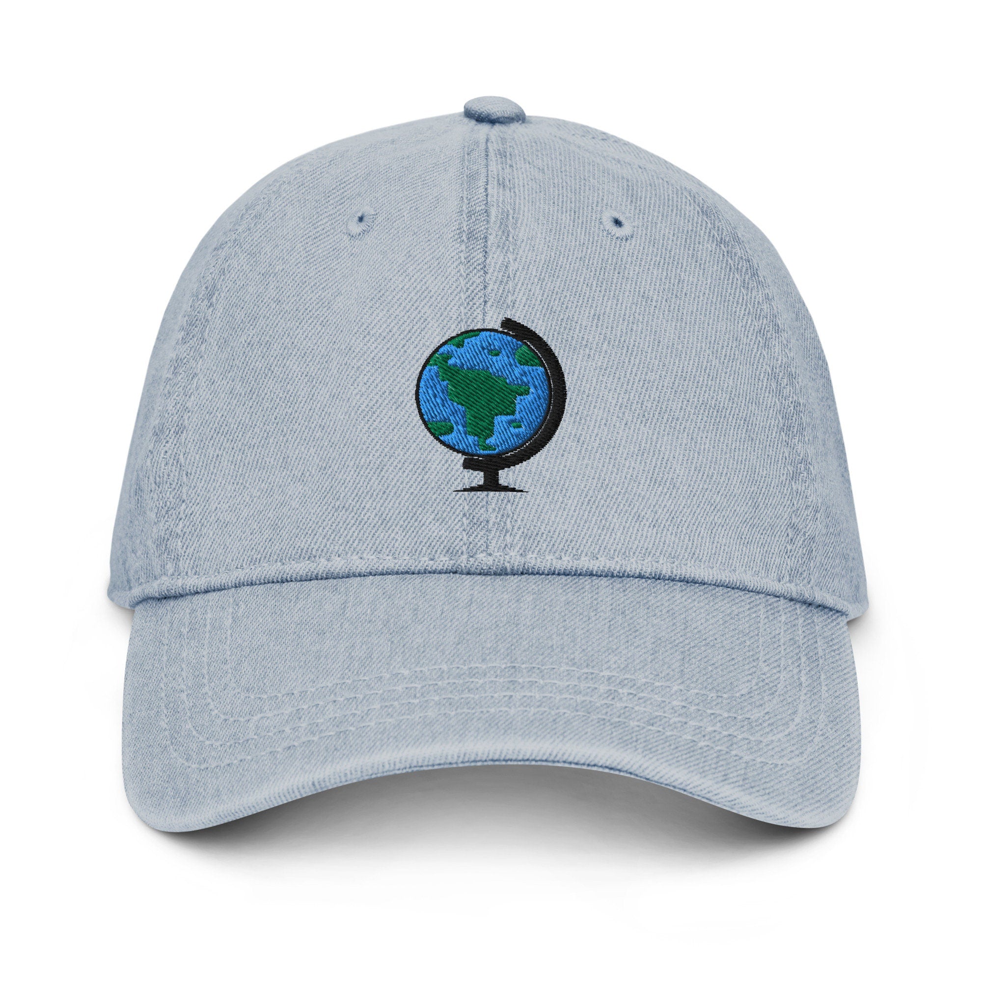 Globe Denim Hat, Premium Embroidered Denim Cap, Hat Embroidery Gift - Multiple Colors