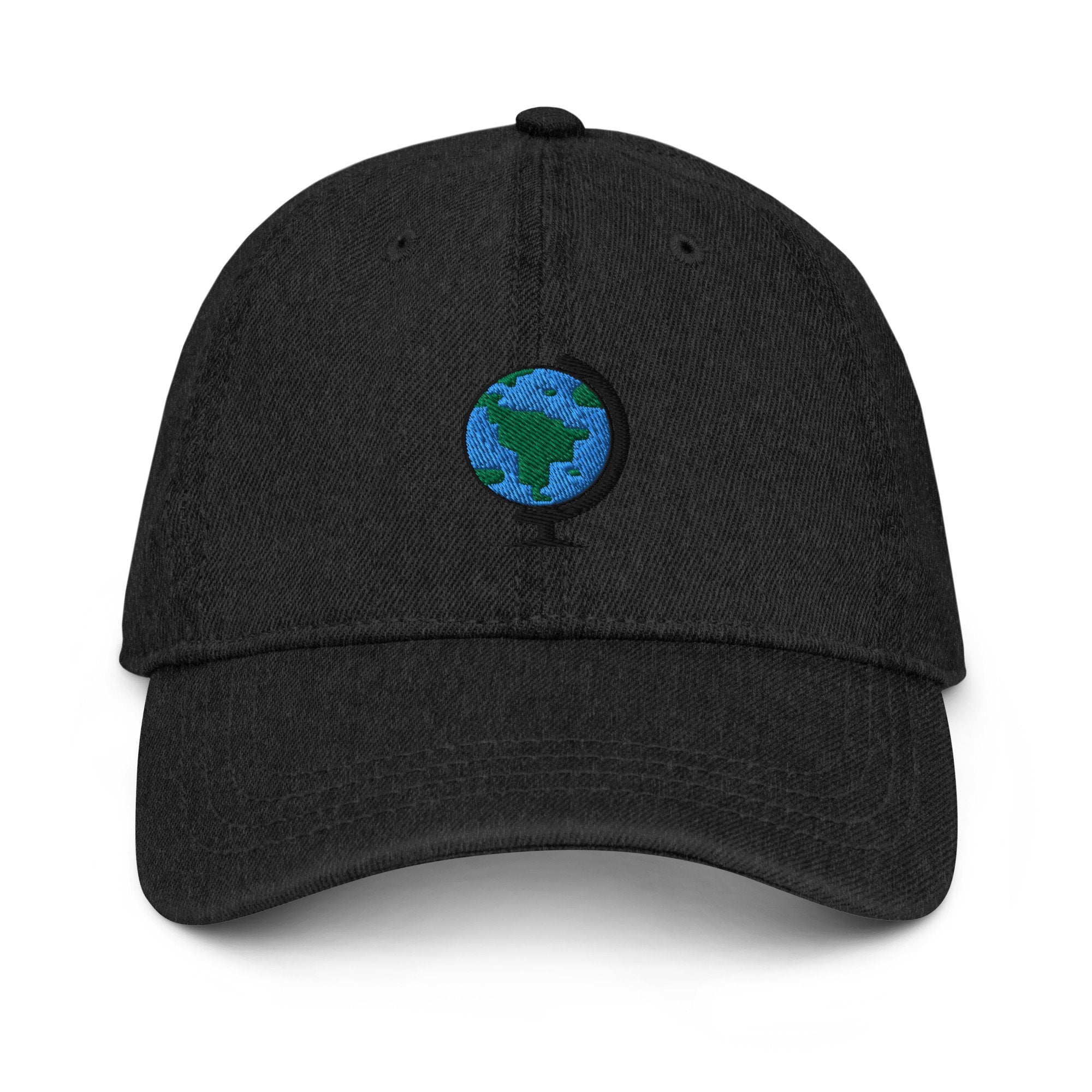 Globe Denim Hat, Premium Embroidered Denim Cap, Hat Embroidery Gift - Multiple Colors