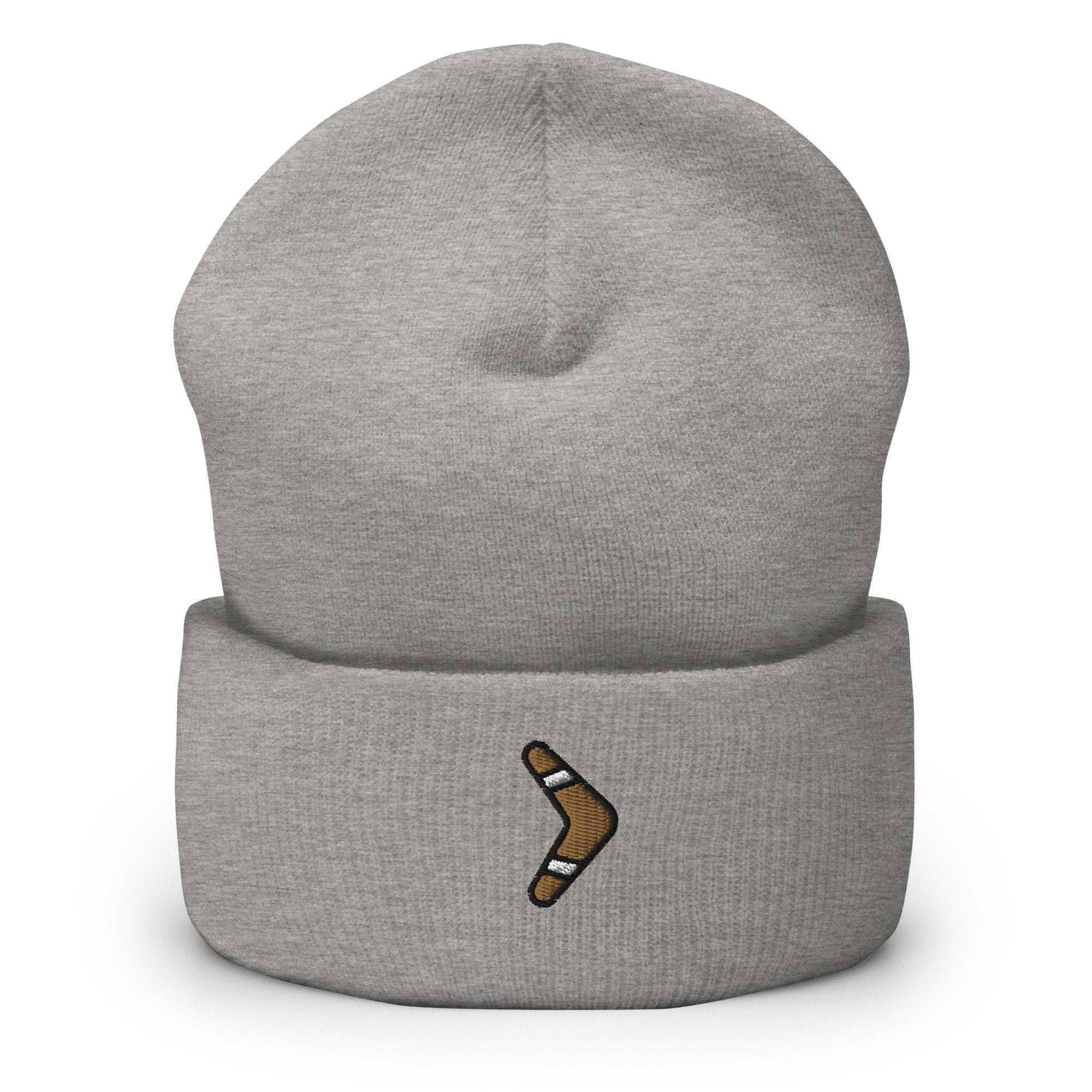 Throwing Stick Boomerang Embroidered Beanie, Handmade Cuffed Knit Unisex Slouchy Adult Winter Hat Cap Gift