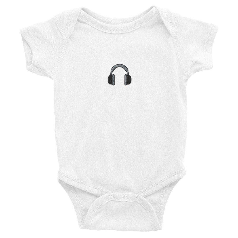 Headphones Infant Bodysuit, Baby Boy or Girl Onesie, Embroidered Baby Shower Gift - Multiple Colors