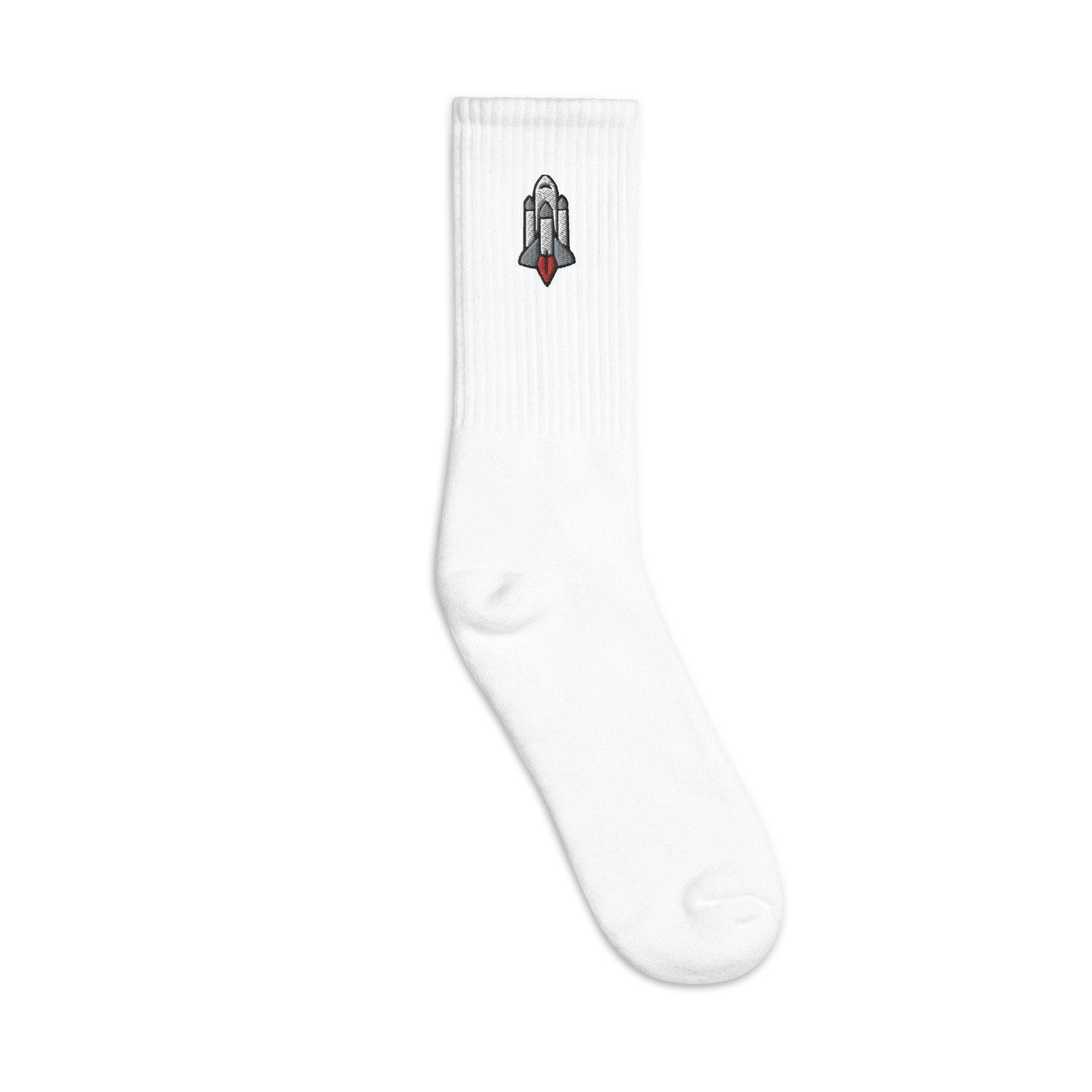 Rocket Ship Embroidered Socks, Premium Embroidered Socks, Long Socks Gift - Multiple Colors