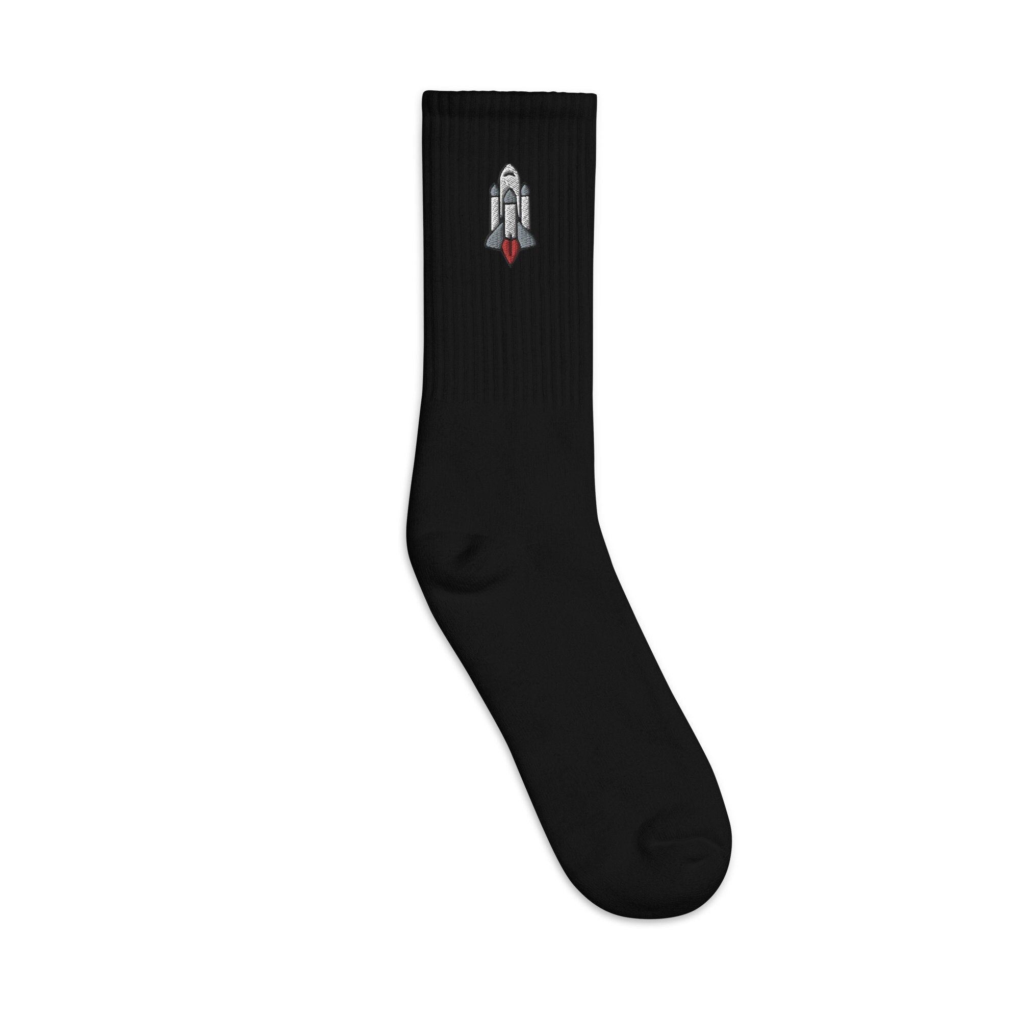 Rocket Ship Embroidered Socks, Premium Embroidered Socks, Long Socks Gift - Multiple Colors