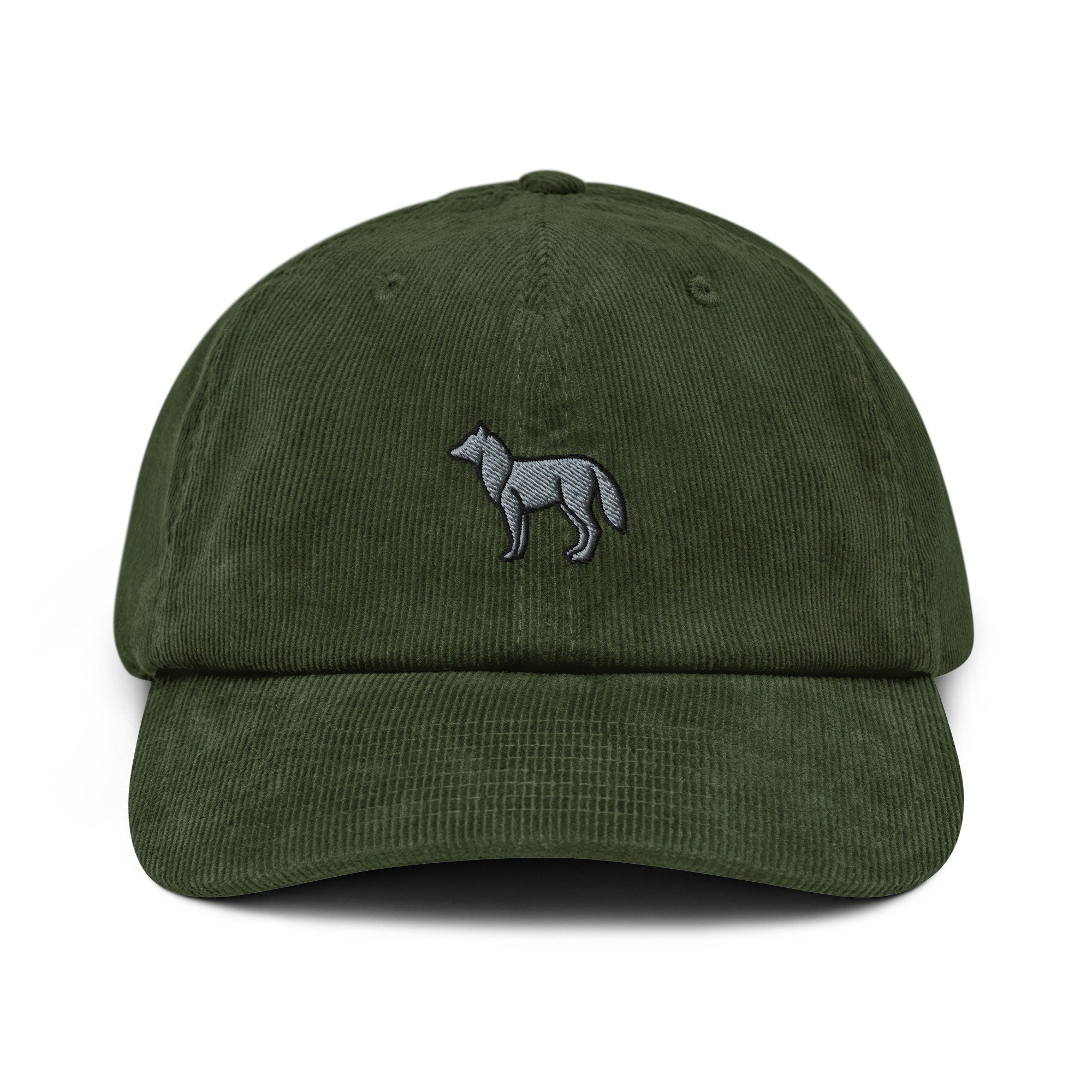 Wolf Corduroy Hat, Handmade Embroidered Corduroy Dad Cap - Multiple Colors