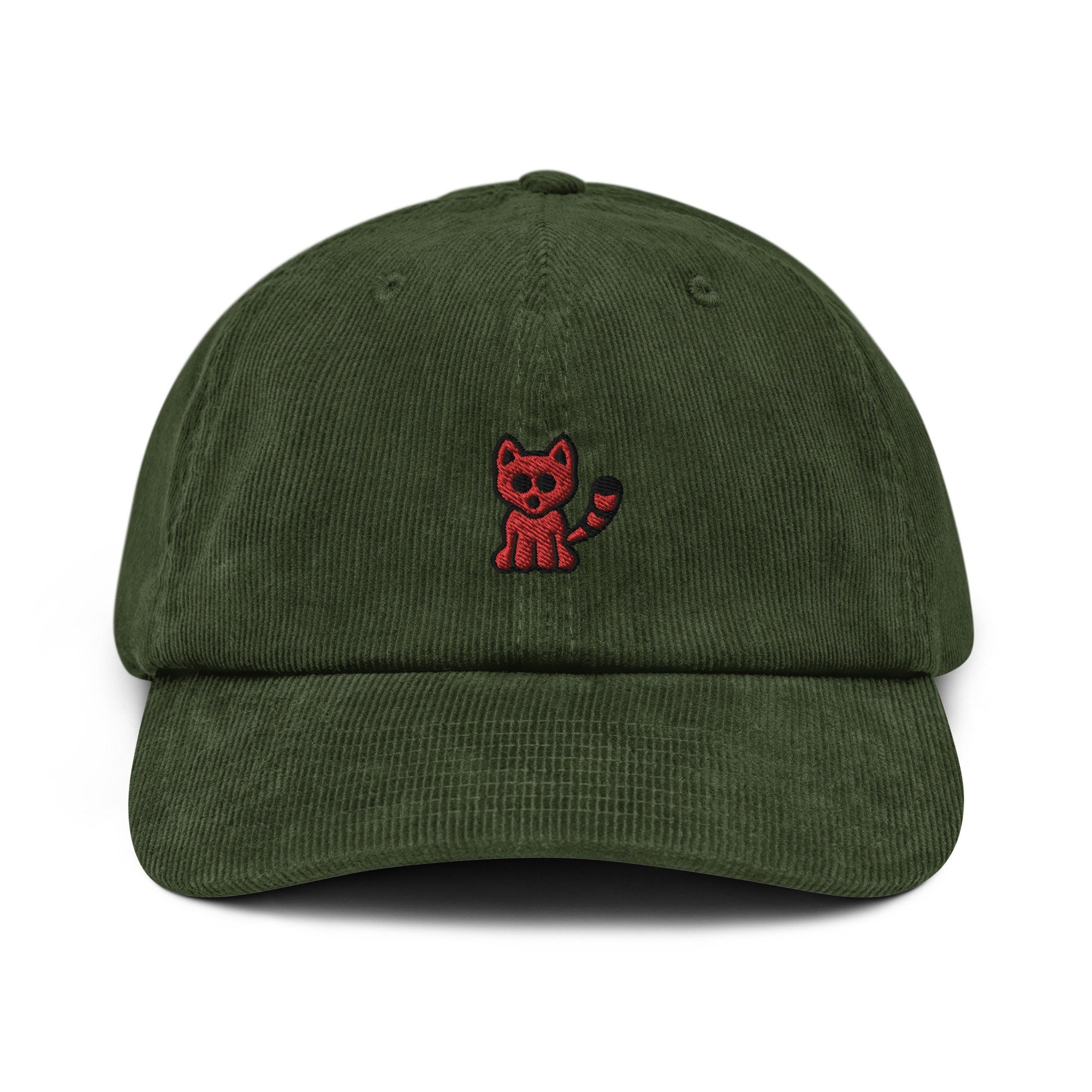 Red Panda Corduroy Hat, Handmade Embroidered Corduroy Dad Cap - Multiple Colors