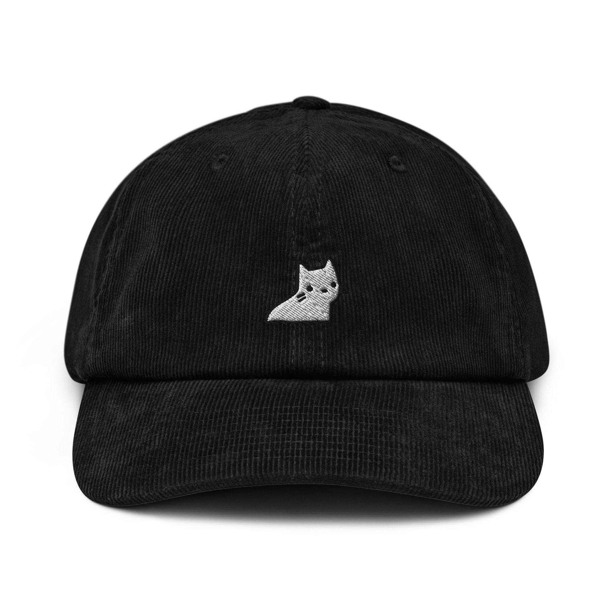 Ghost Cat Corduroy Hat, Handmade Embroidered Corduroy Dad Cap - Multiple Colors